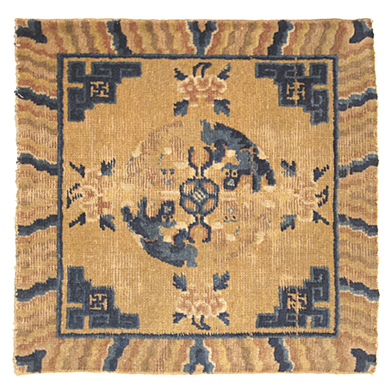 2x2 Antique Art Deco Chinese Rug Guardian Lions 64x66cm 18th Century Ningxia