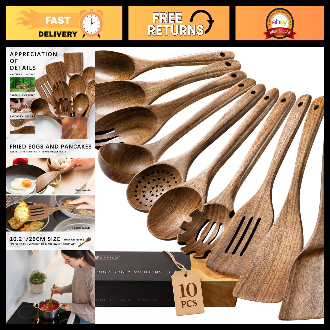 10-Piece Acacia Wood Cooking Utensil Set - Durable Wooden Spoons for Kitchen Use 10-Piece Acacia Wood Cooking Utensil Set - Durable Wooden Spoons for Kitchen Use