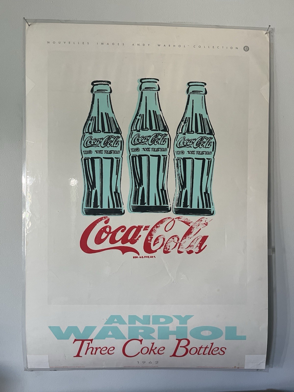 RARE “ANDY WARHOL’S THREE COKE BOTTLES 1962,” 1990 PRINT, LAMINATED RARE “ANDY WARHOL’S THREE COKE BOTTLES 1962,” 1990 PRINT, LAMINATED