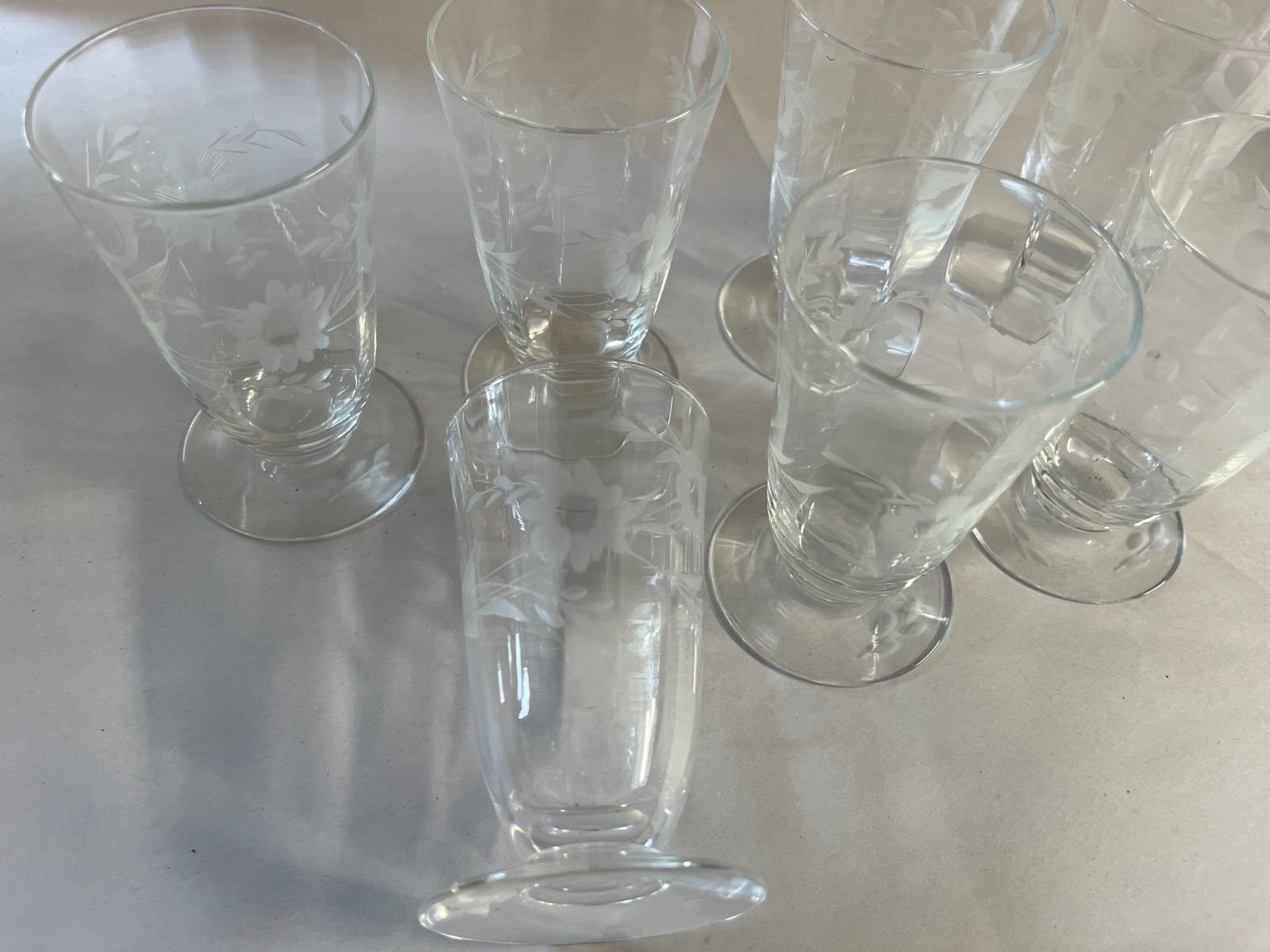 7 Vintage Crystal Etched Glass Footed Sundae Dishes. MCM ICED TEA GLASSES small 7 Vintage Crystal Etched Glass Footed Sundae Dishes. MCM ICED TEA GLASSES small