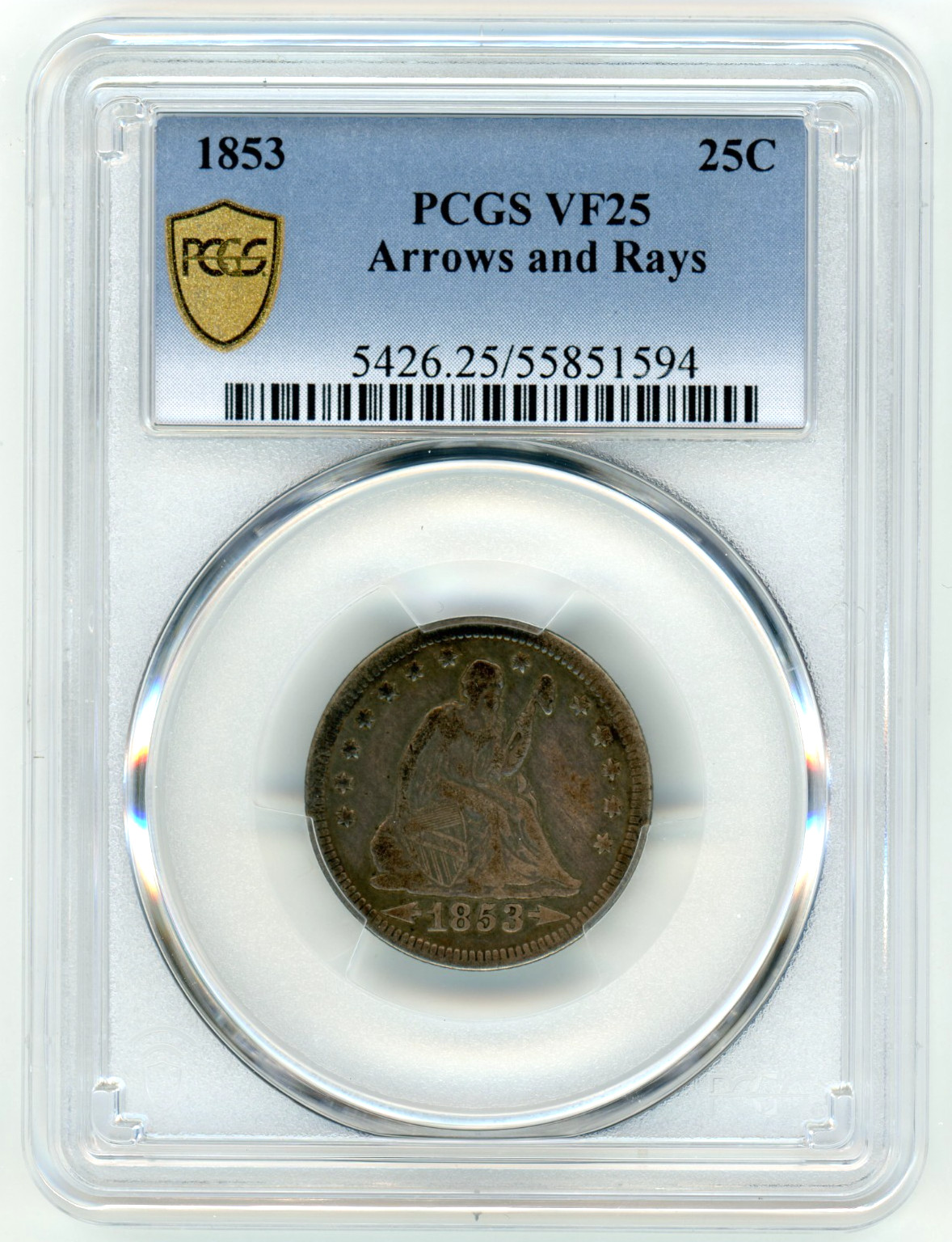 1853 Seated Liberty Silver 25c with Arrows and Rays PCGS VF25
