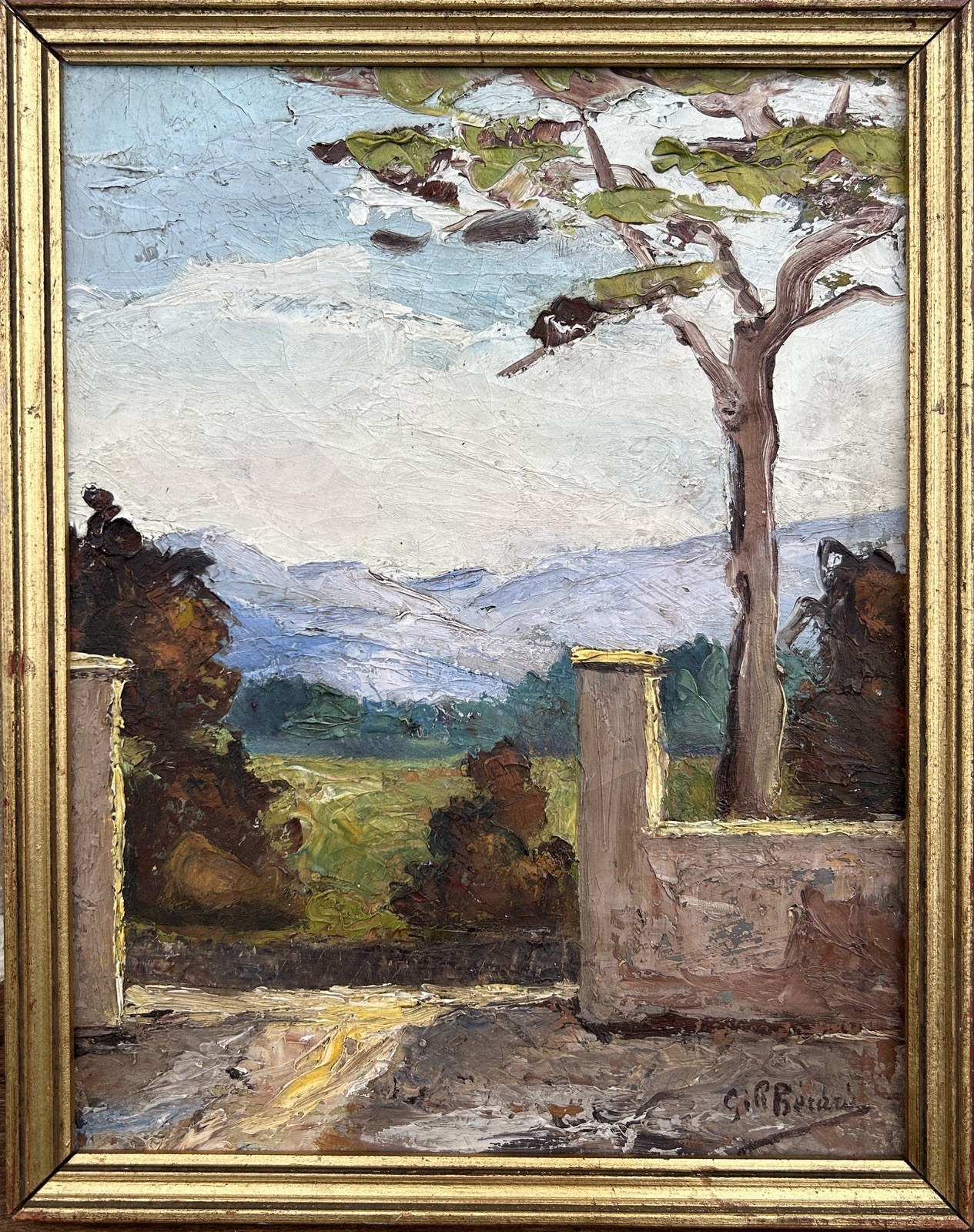 Small French Impressionist Antique Oil Painting Mountain Sky Landscape, Framed