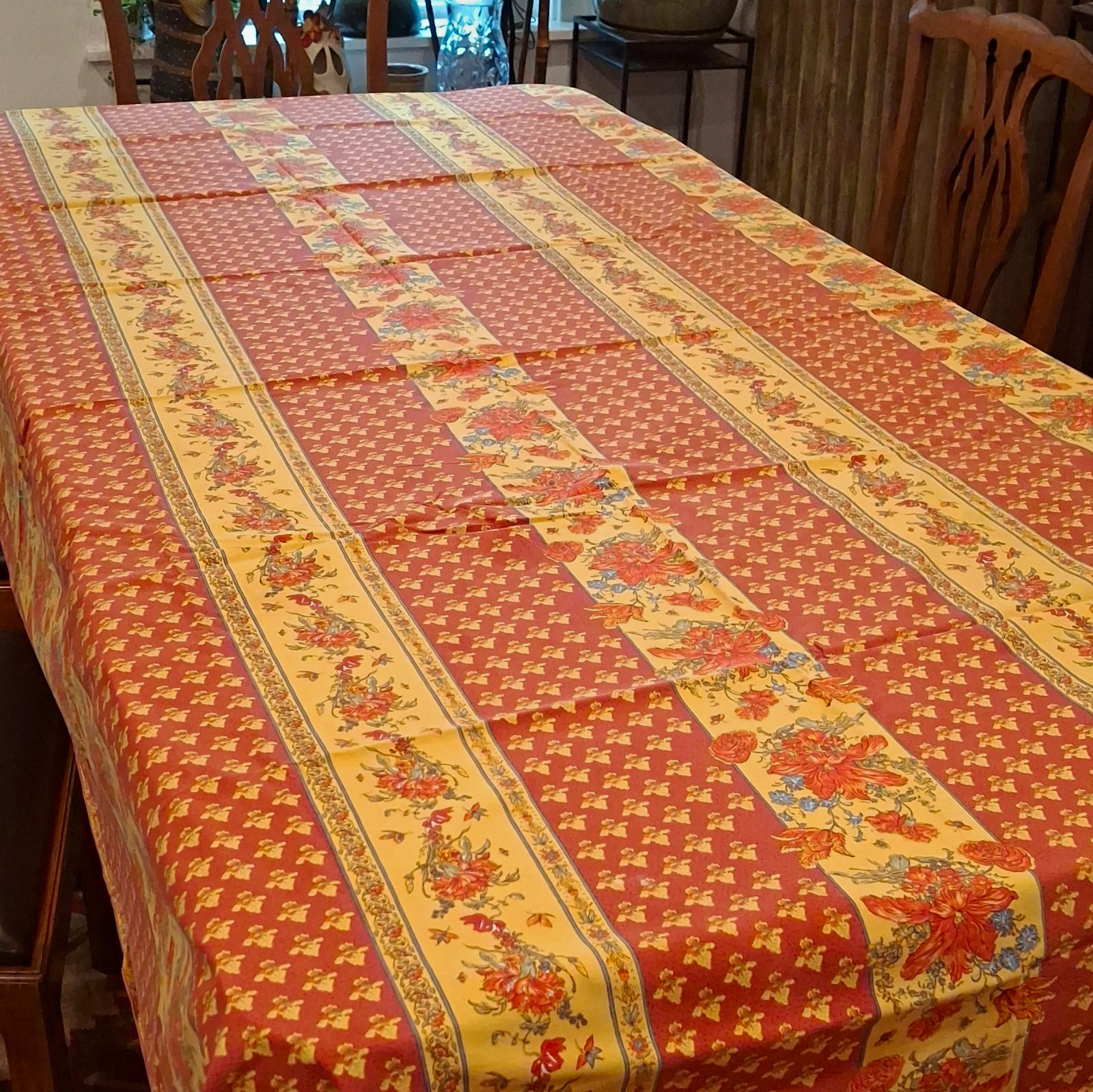(2) Vintage French Floral, Vent Du Sud Tablecloth, Red/Yellow Approx 7\'10\ (2) Vintage French Floral, Vent Du Sud Tablecloth, Red/Yellow Approx 7\'10\