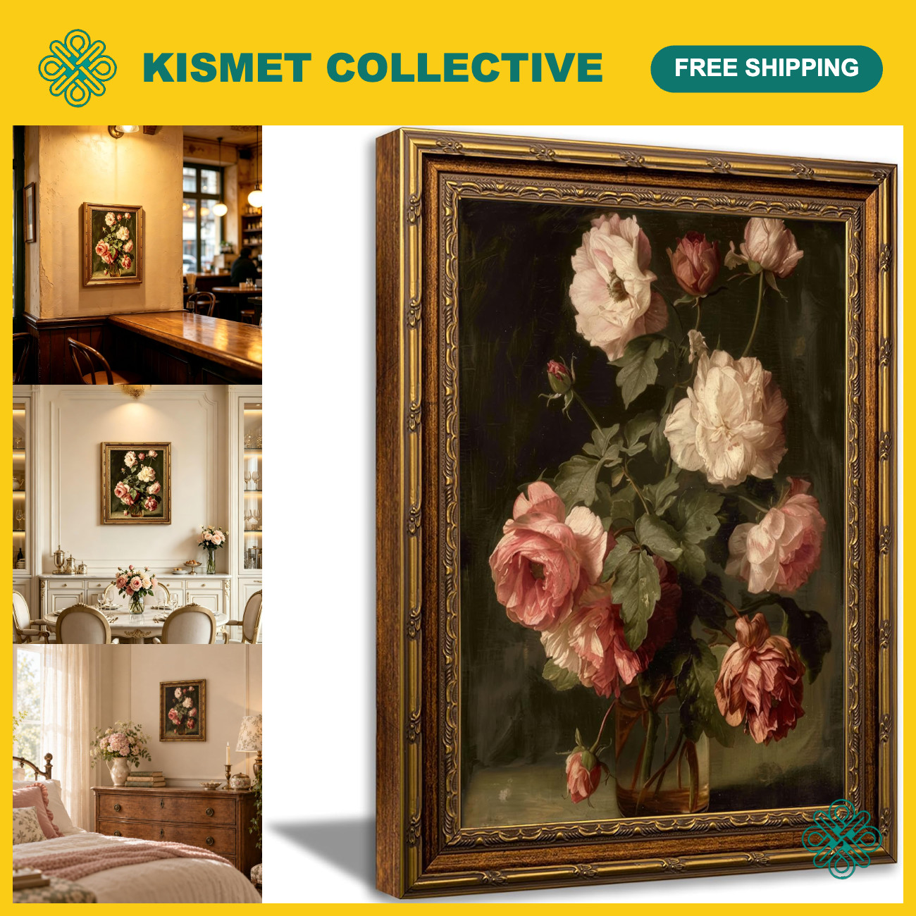 Vintage Floral Still Life Wall Art - Rose Gold Framed Decor 11x9 Inches