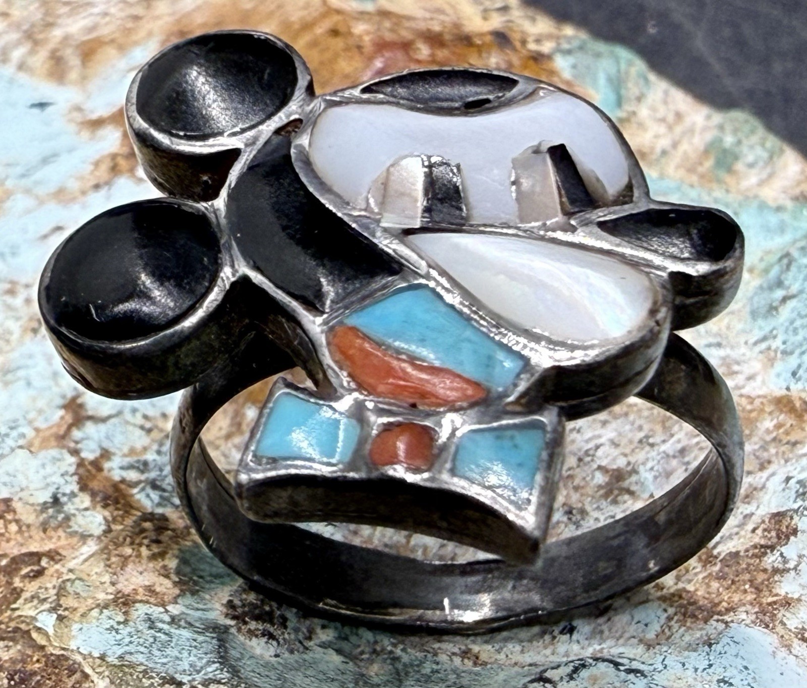 Vintage Zuni Handcrafted Sterling MultiGem Inlay Disney Mickey Mouse Ring Size 6 Vintage Zuni Handcrafted Sterling MultiGem Inlay Disney Mickey Mouse Ring Size 6