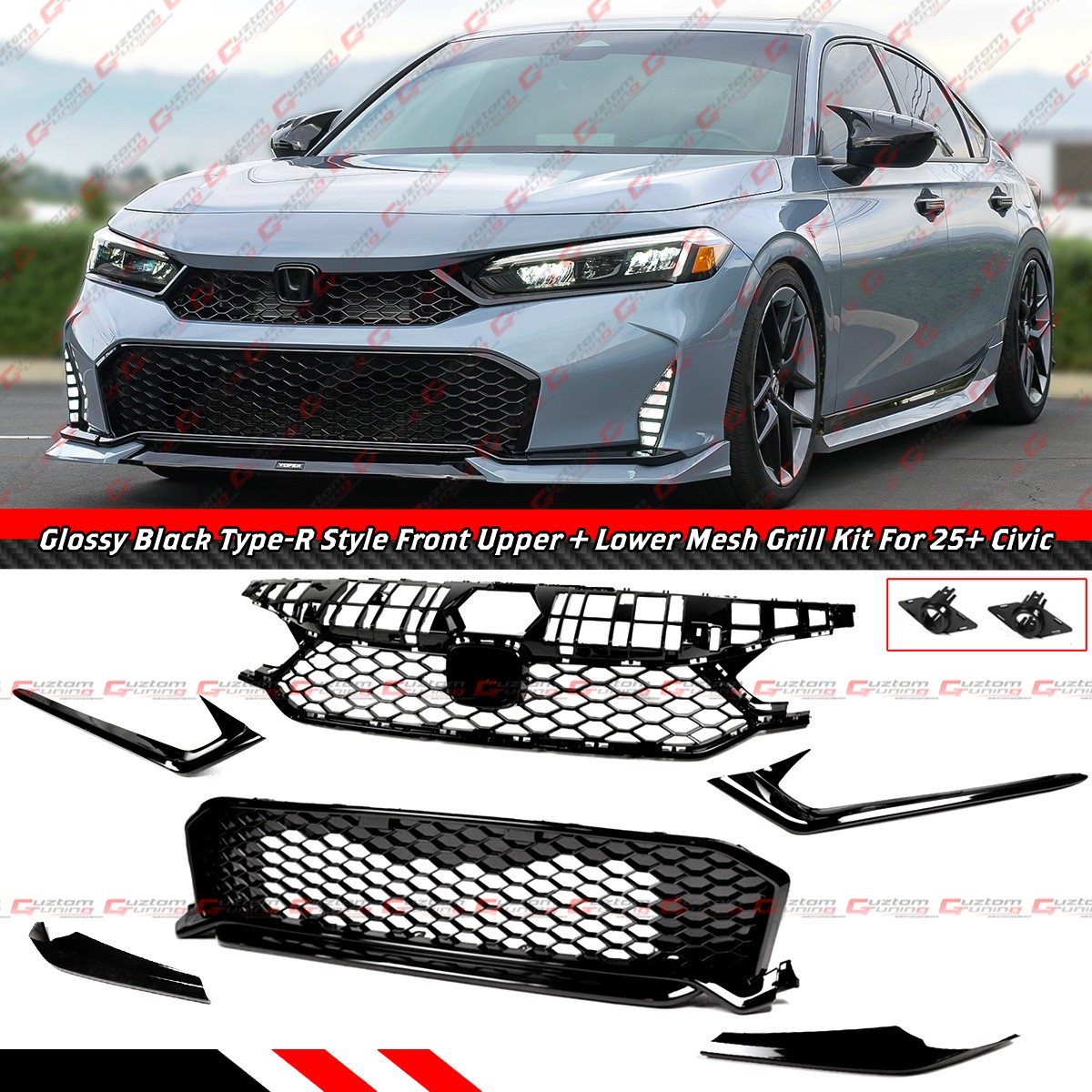 For 2025-26 Honda Civic Type-R Style Gloss Black Front Upper + Lower Mesh Grill