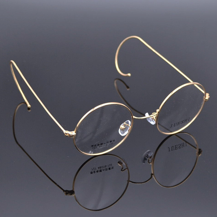 Vintage 46mm Round Eyeglass Frames Gold Wire Temples Retro Gold Metal Eyewear