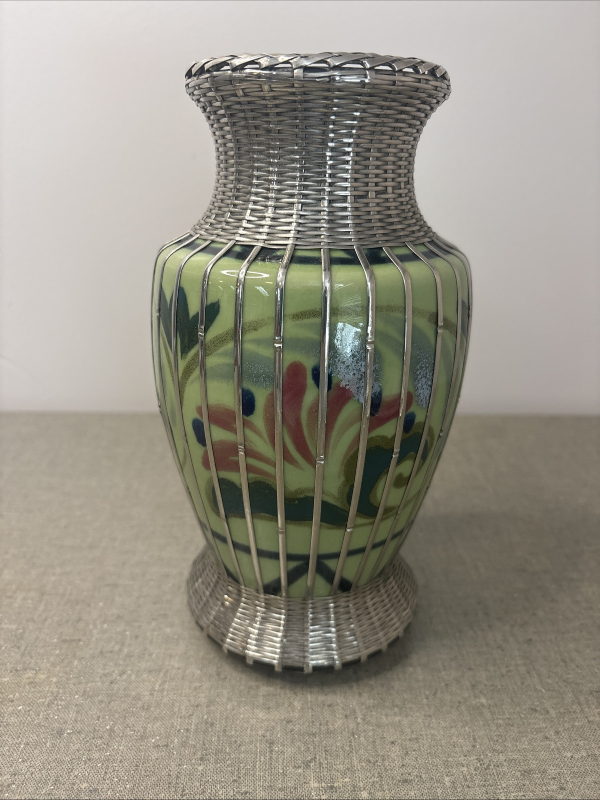 Japanese Meiji Era Vase W/ Silver Basket Weave Overlay Awaji Style 8.75\ Japanese Meiji Era Vase W/ Silver Basket Weave Overlay Awaji Style 8.75\