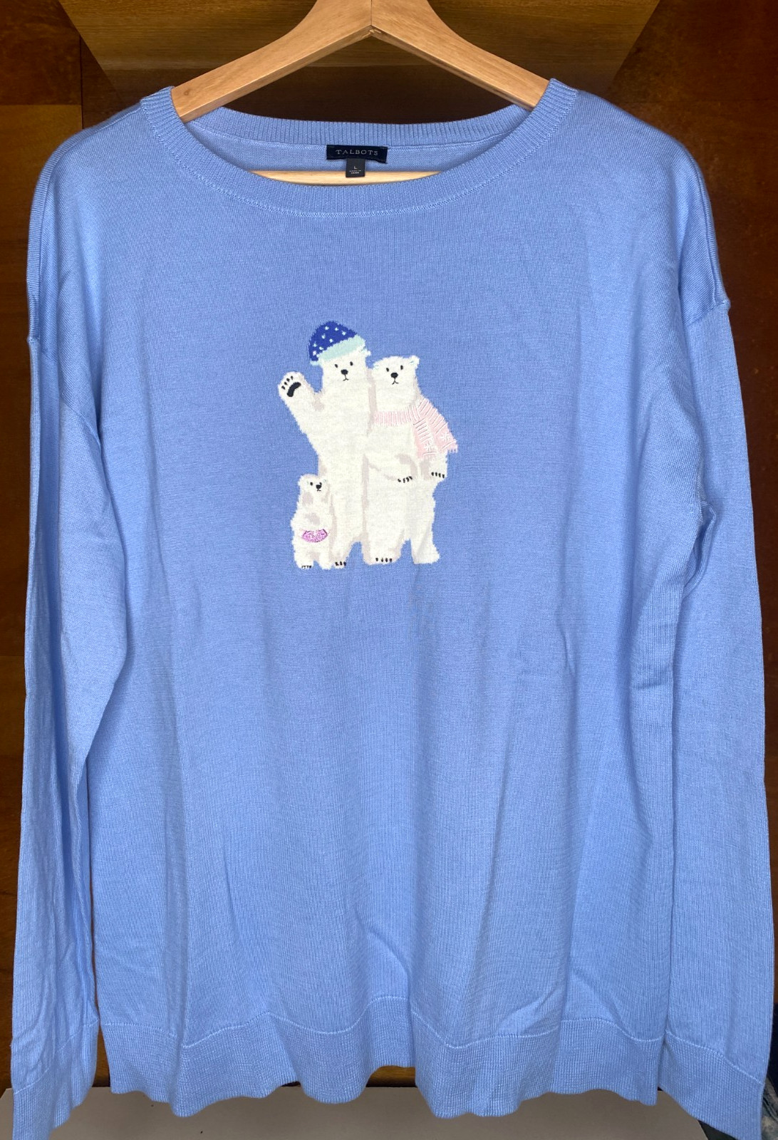 NEW Talbots Polar Bear Family Women\'s Blue Light Weight Knit Sweater Top Size L