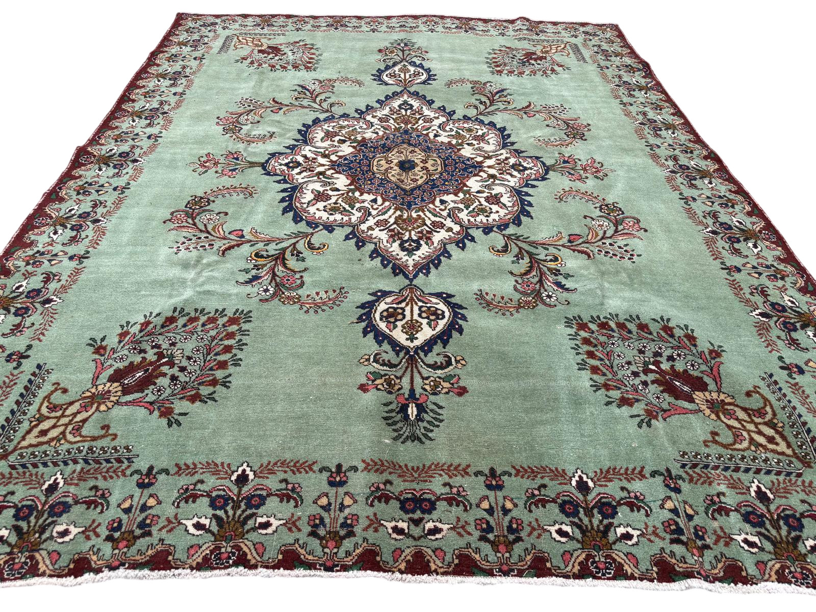 Large Turkish Rug 10x13 ft Green Vintage Floral Medallion Area Carpet