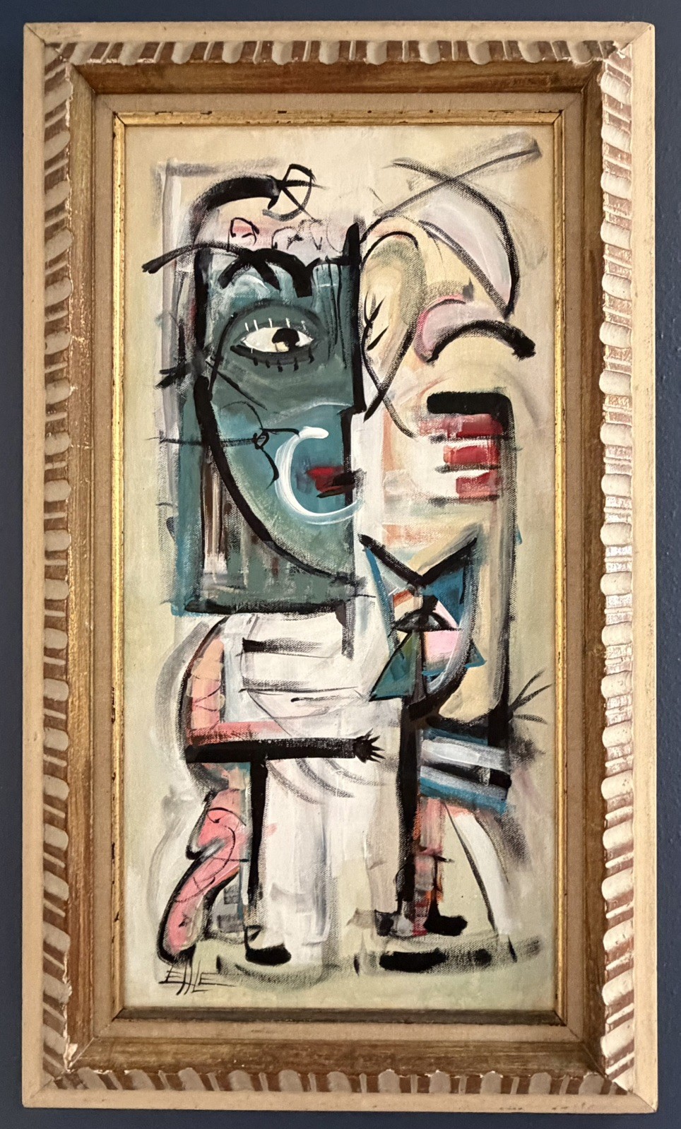 Mid Century Modern Style Abstract Surrealism Painting Vintage Frame By Ehle