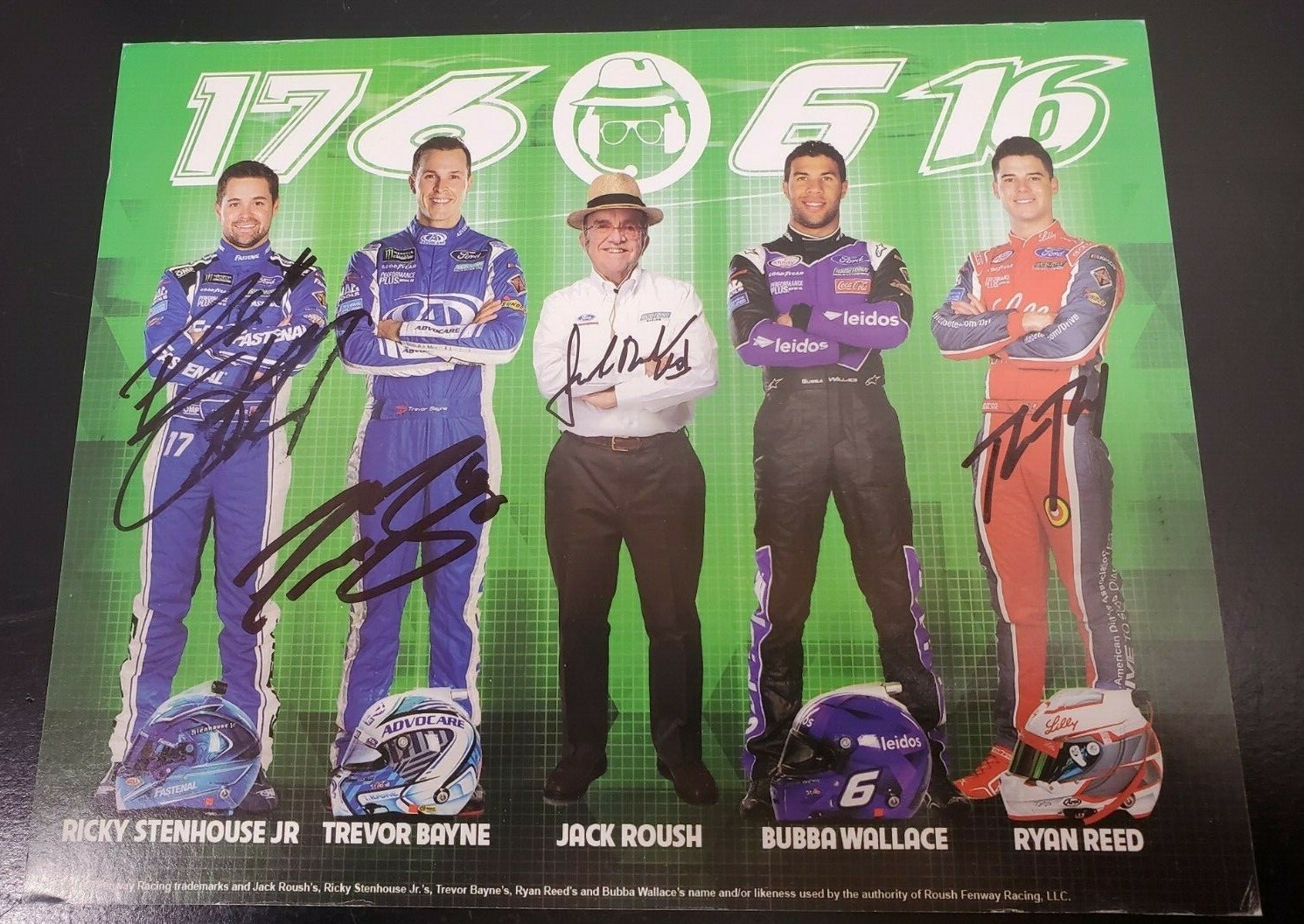 Roush Racing Hero Card Hand signed by Ricky Stenhouse Jr, Trevor Bayne, Jack Rou