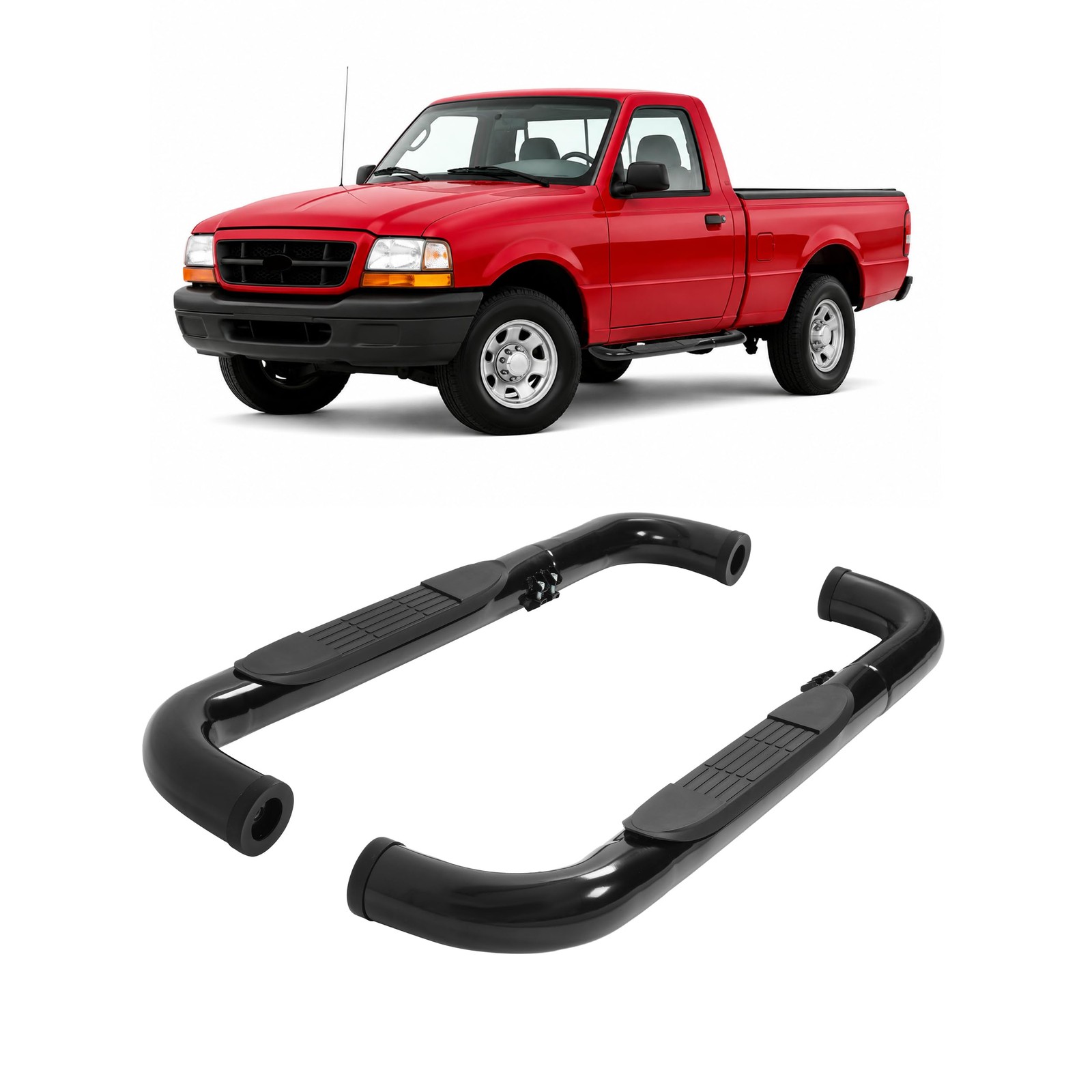 Pair Side Steps for 1998-2011 Ford Ranger Regular Cab Black Steel+Plastic