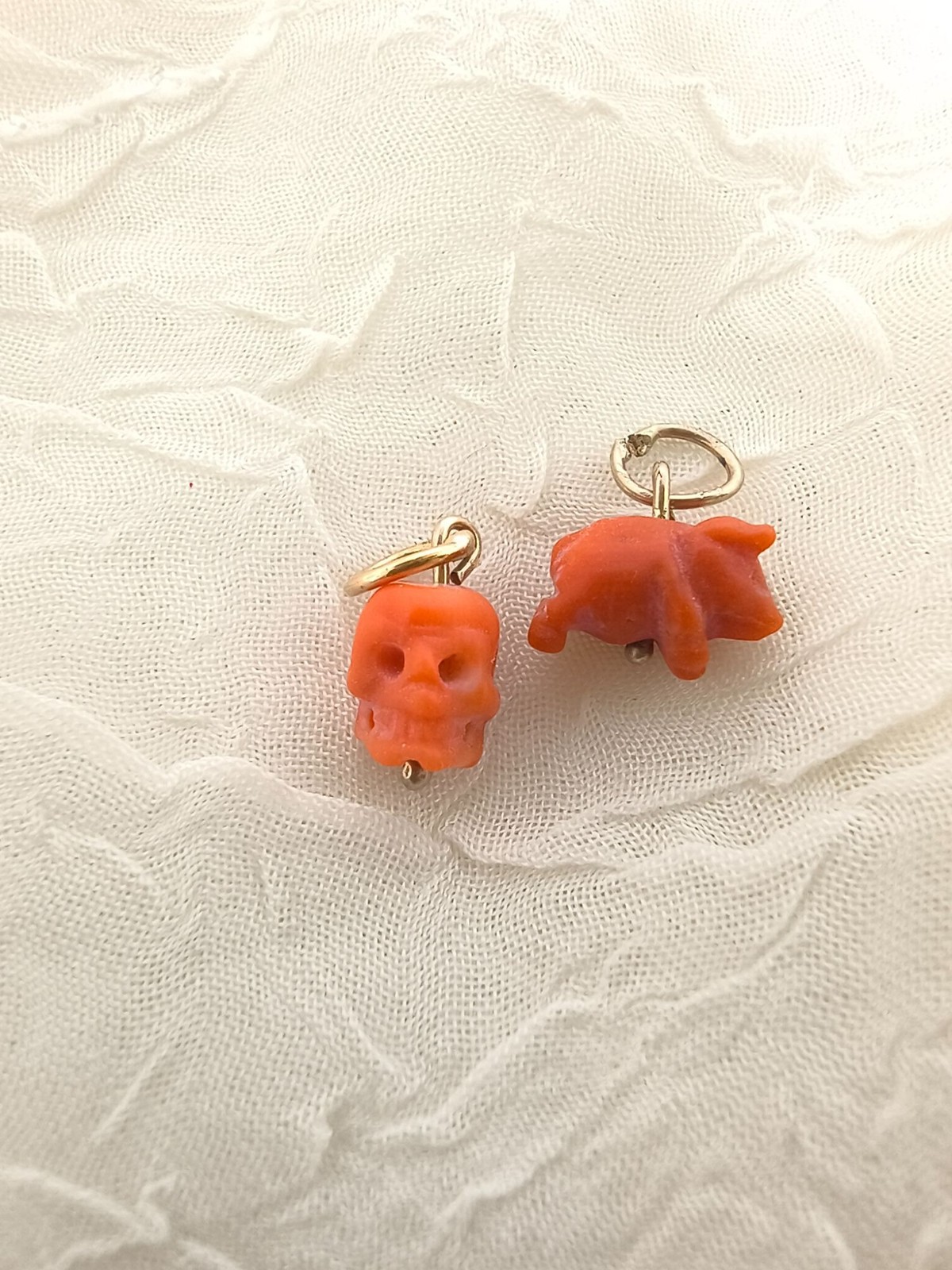 Victorian Carved Salmon Coral Skull & Coral Pig Charm ~ Both 7k Gold