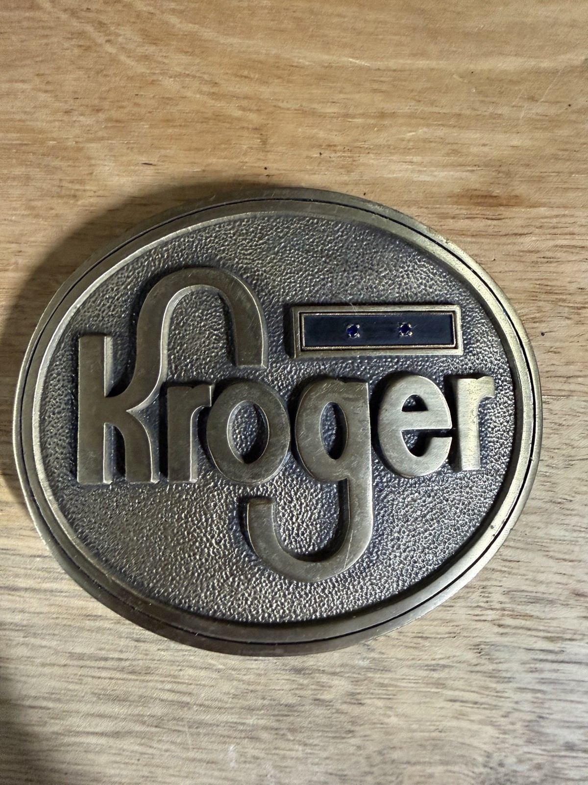 RARE Vintage 1981 Solid Brass Kroger Belt Buckle With Blue Stones