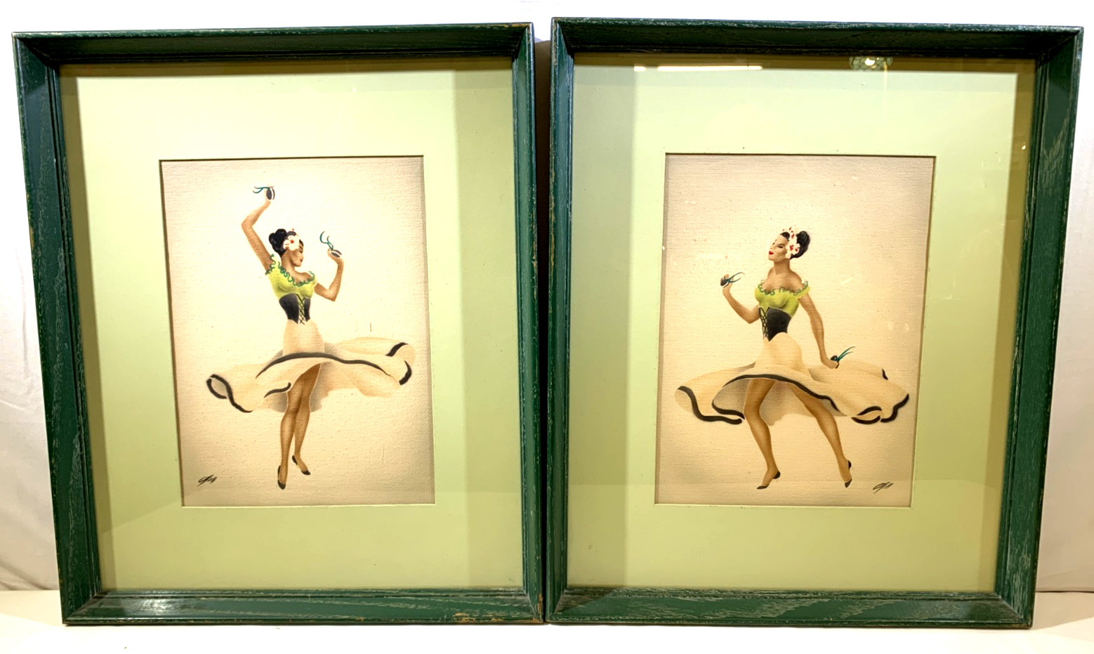 2 Vtg  Paintings by Eric Gill ~ Spanish Dancing Ladies Orig. Airbrush ~ Flamenco