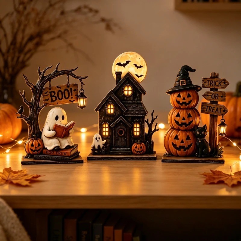 3pc Halloween Decor Set Haunted House Ghost Pumpkin Tabletop Statue Centerpiece 3pc Halloween Decor Set Haunted House Ghost Pumpkin Tabletop Statue Centerpiece