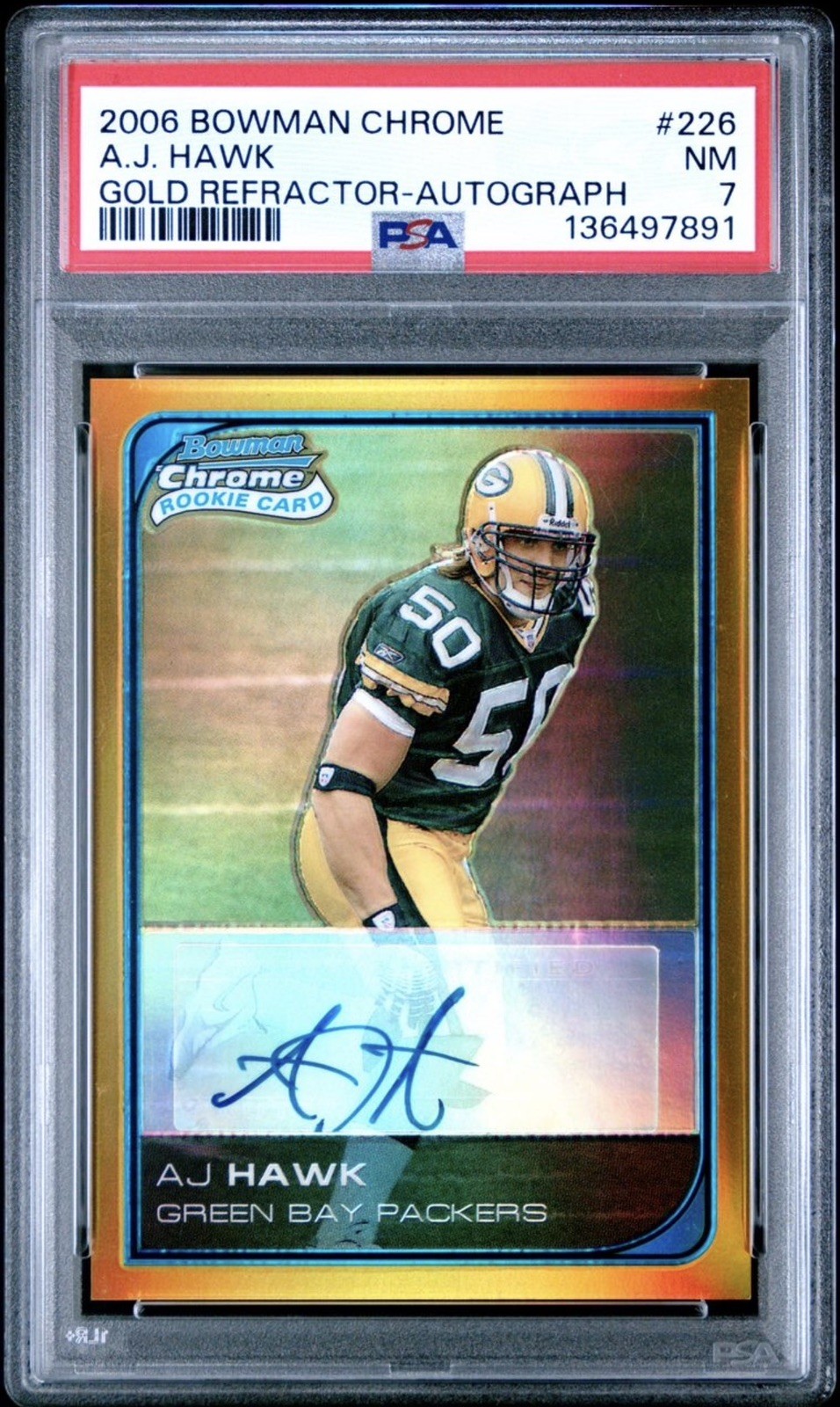 2006 Bowman Chrome AJ Hawk Gold Refractor Rookie Autograph Auto RC #48/50 PSA 7 2006 Bowman Chrome AJ Hawk Gold Refractor Rookie Autograph Auto RC #48/50 PSA 7