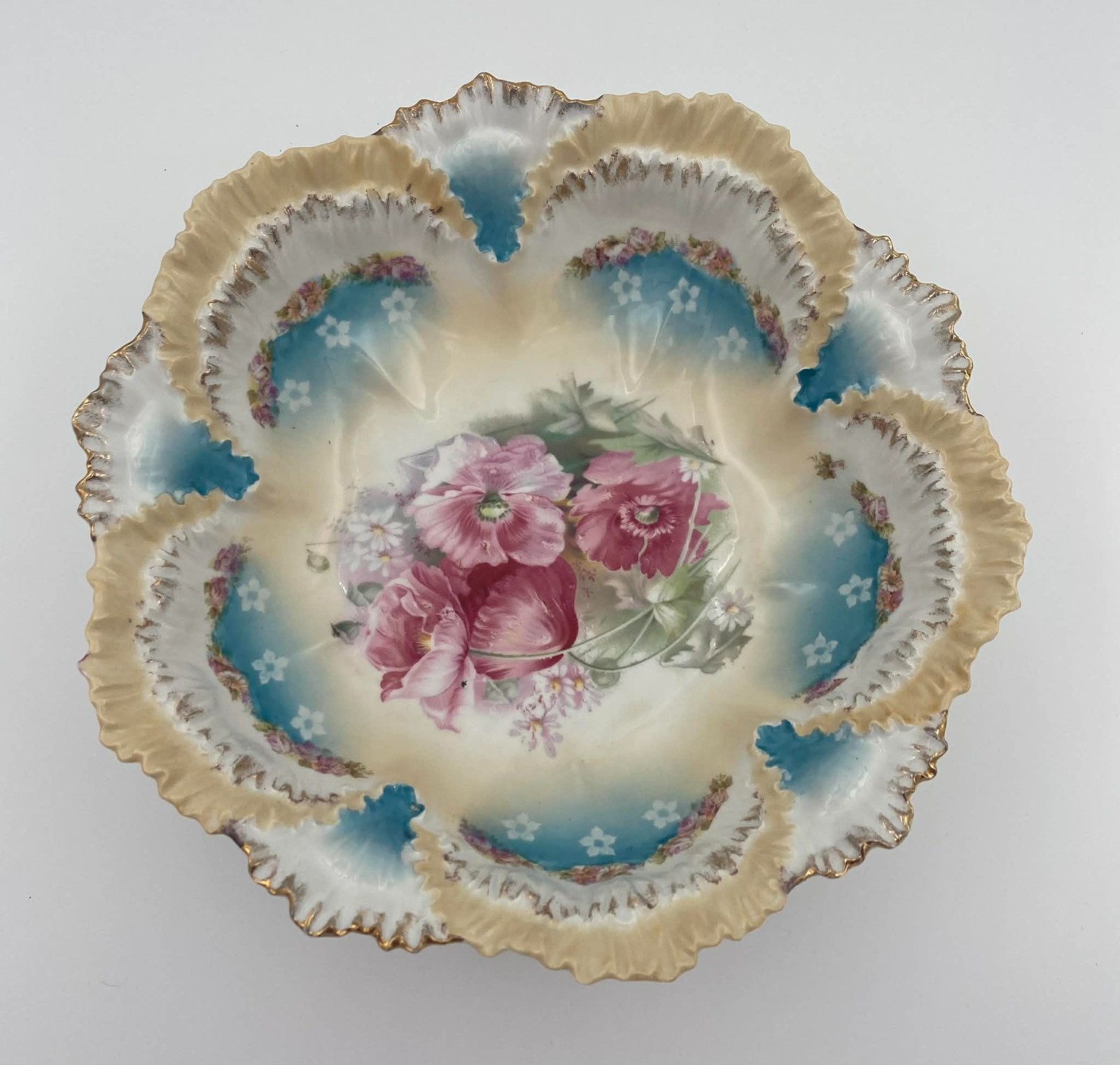 Antique RS Prussia Floral Molded Bowl 10½” Gold Trim Blue Panels
