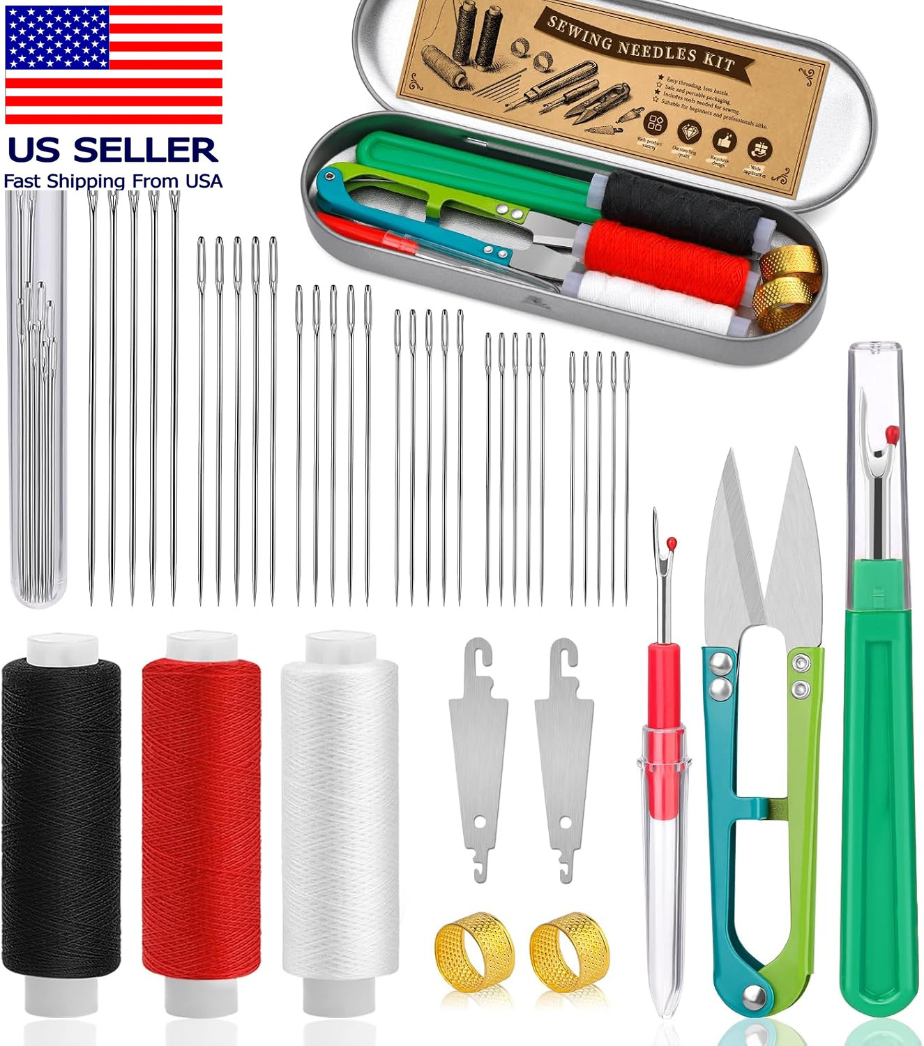 42 PCS Big Eye Steel Sewing Needles Kit Steel Needles for Hand Sewing