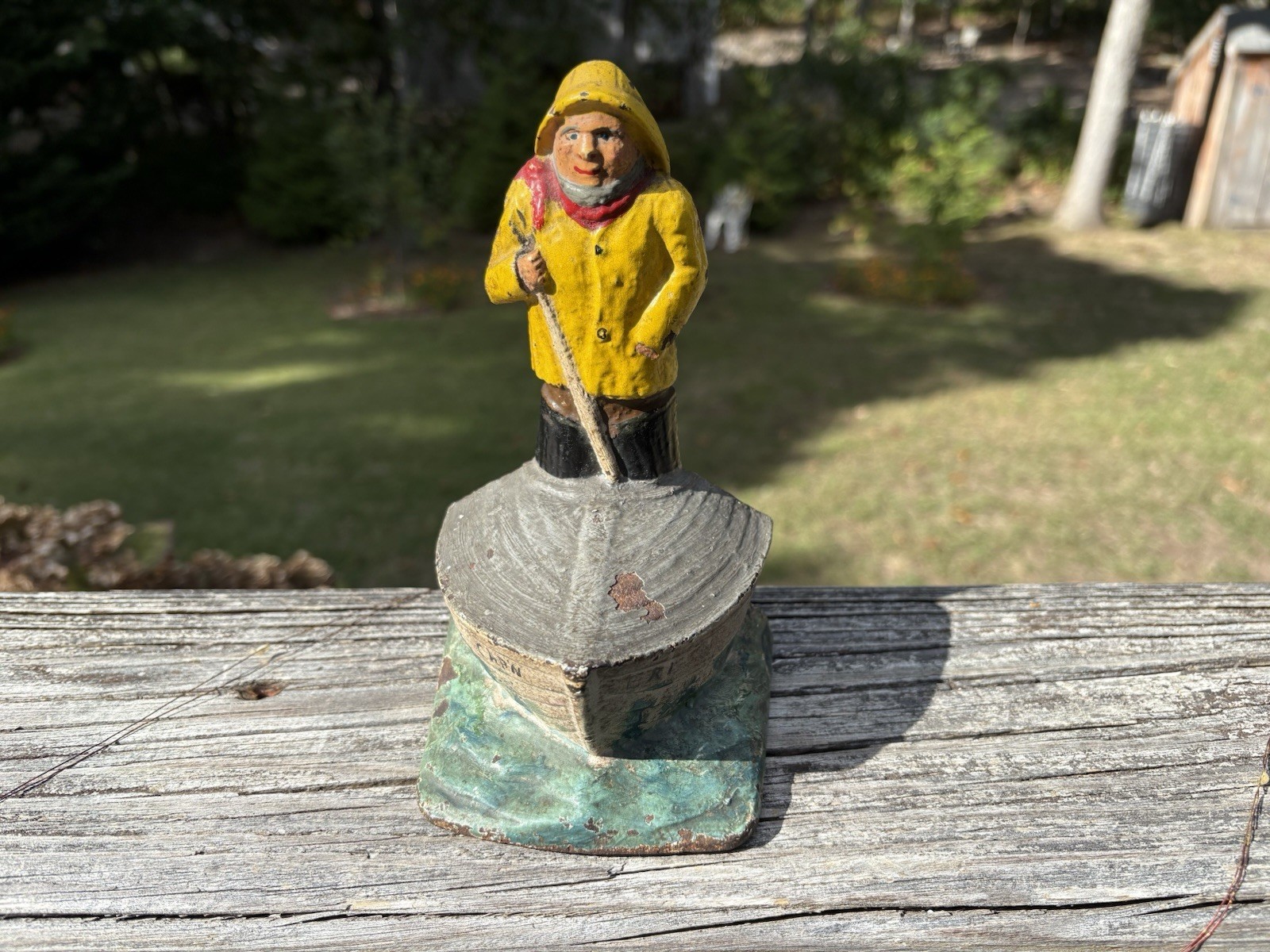 RARE Antique Cap'n Eri Old Salt Fisherman On A Dory Cast Iron Nautical Doorstop