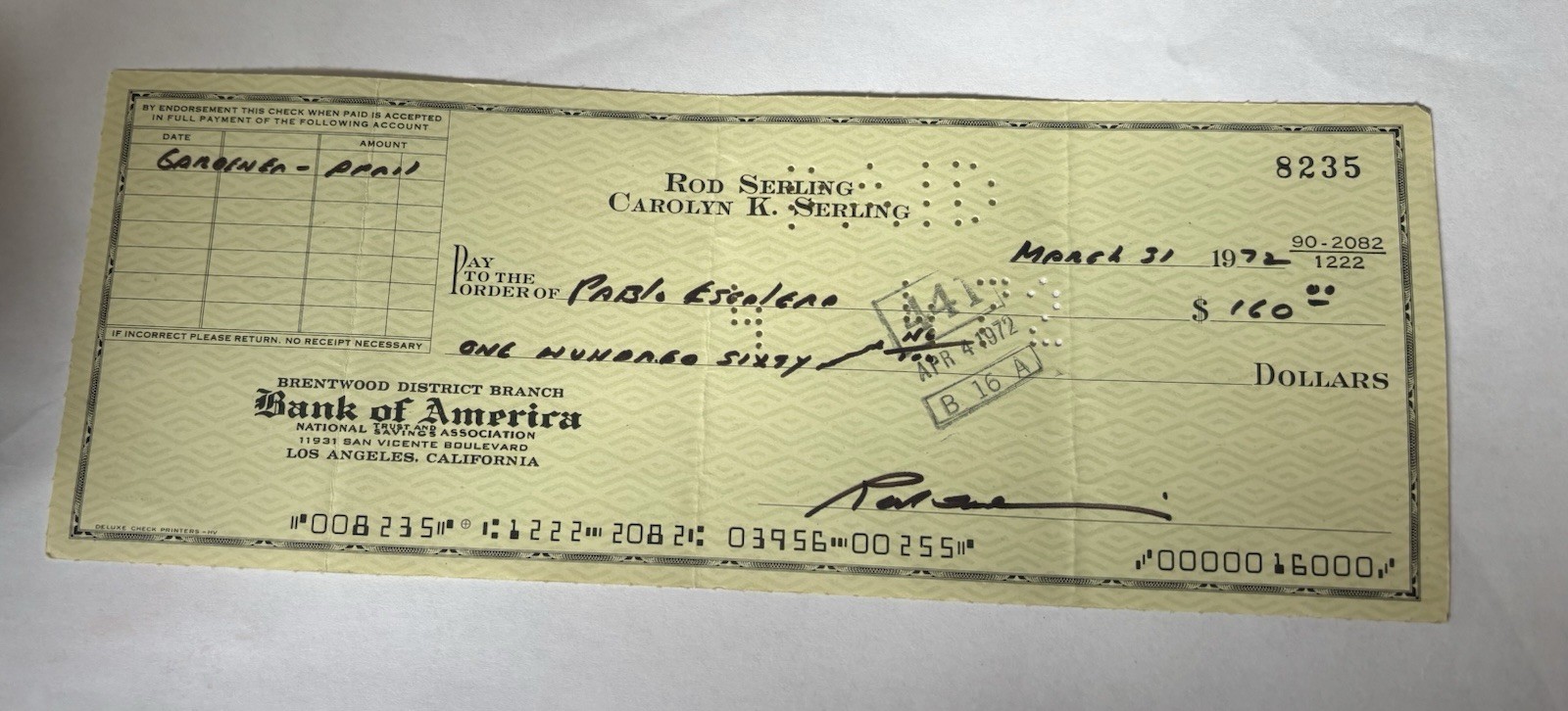 Rod Serling autograph Canceled Check Twilight Zone 1972 Folded Rod Serling autograph Canceled Check Twilight Zone 1972 Folded