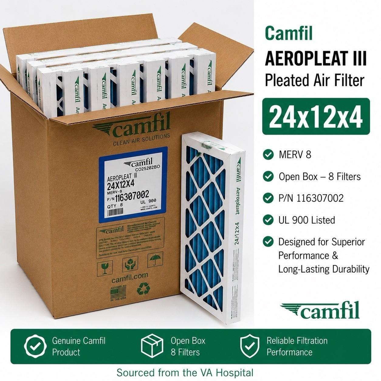 Camfil Aeropleat III 24x12x4 MERV 8 Air Filters 116307002 Case Of 8