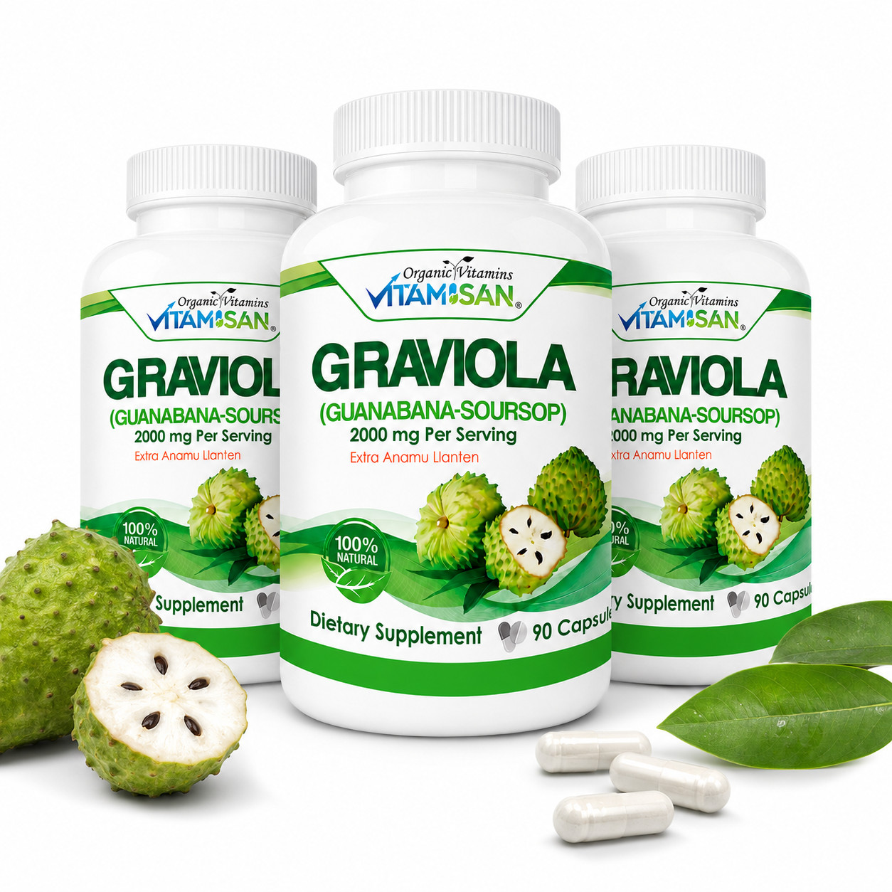 GRAVIOLA SOURSOP 2000 MG 3 BOTTLES PURE PER SERVING BOOSTER 270 CAPSULES ANNONA