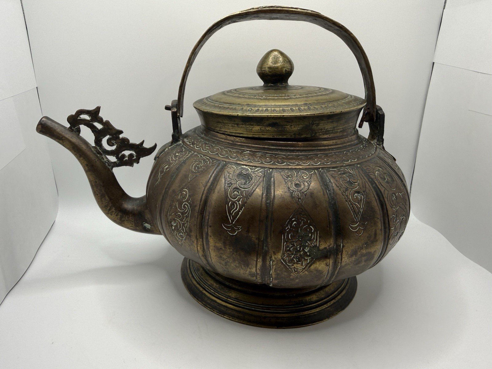 Antique Kashmiri Copper Tea Kettle Hand Engraved India Heavy 6lb Indo Persian