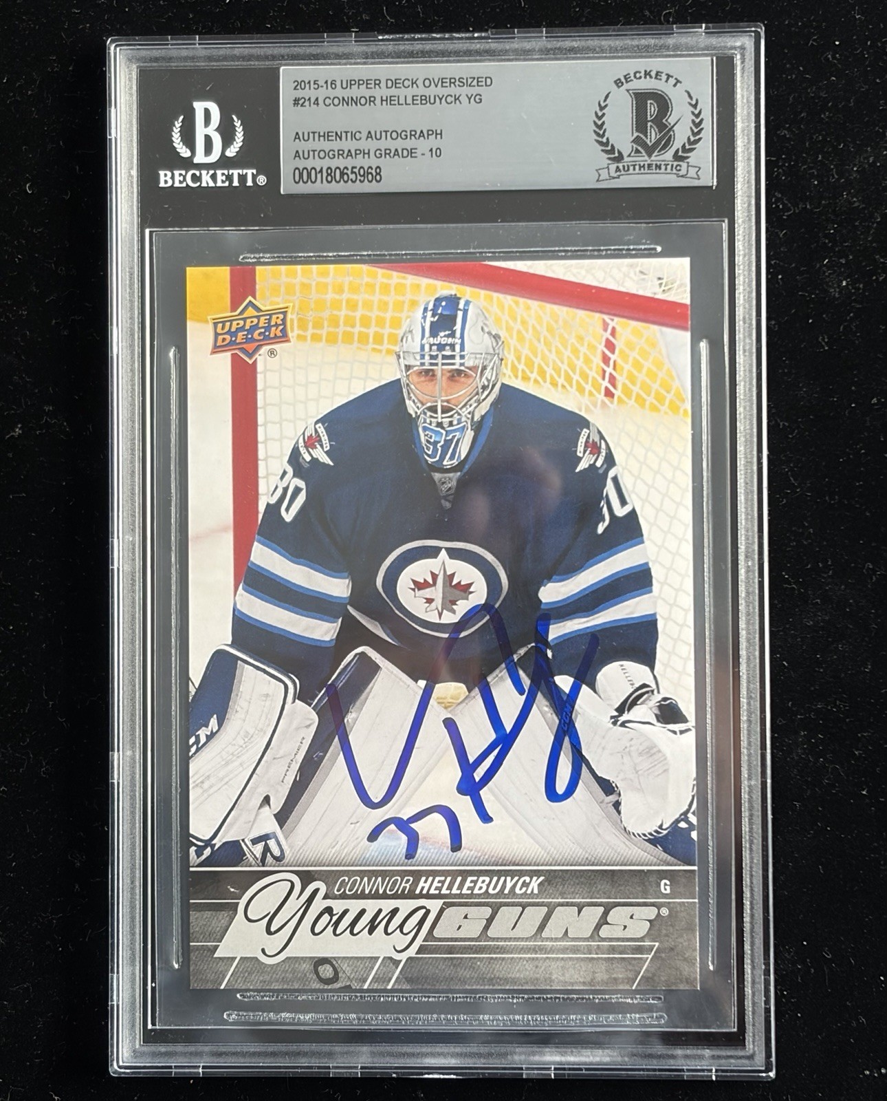 Connor Hellebuyck Signed 2015-16 UD Jumbo Young Guns RC #214 BAS Auto 10 Grade Connor Hellebuyck Signed 2015-16 UD Jumbo Young Guns RC #214 BAS Auto 10 Grade