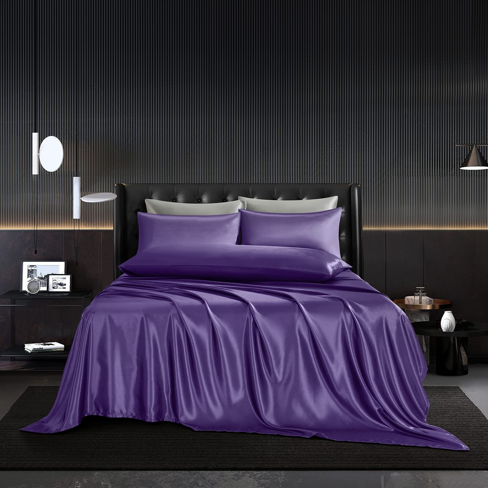 5Pcs Purple Satin Sheets Set - Queen Size, Breathable Luxury Bedding Sheets w... 5Pcs Purple Satin Sheets Set - Queen Size, Breathable Luxury Bedding Sheets w...