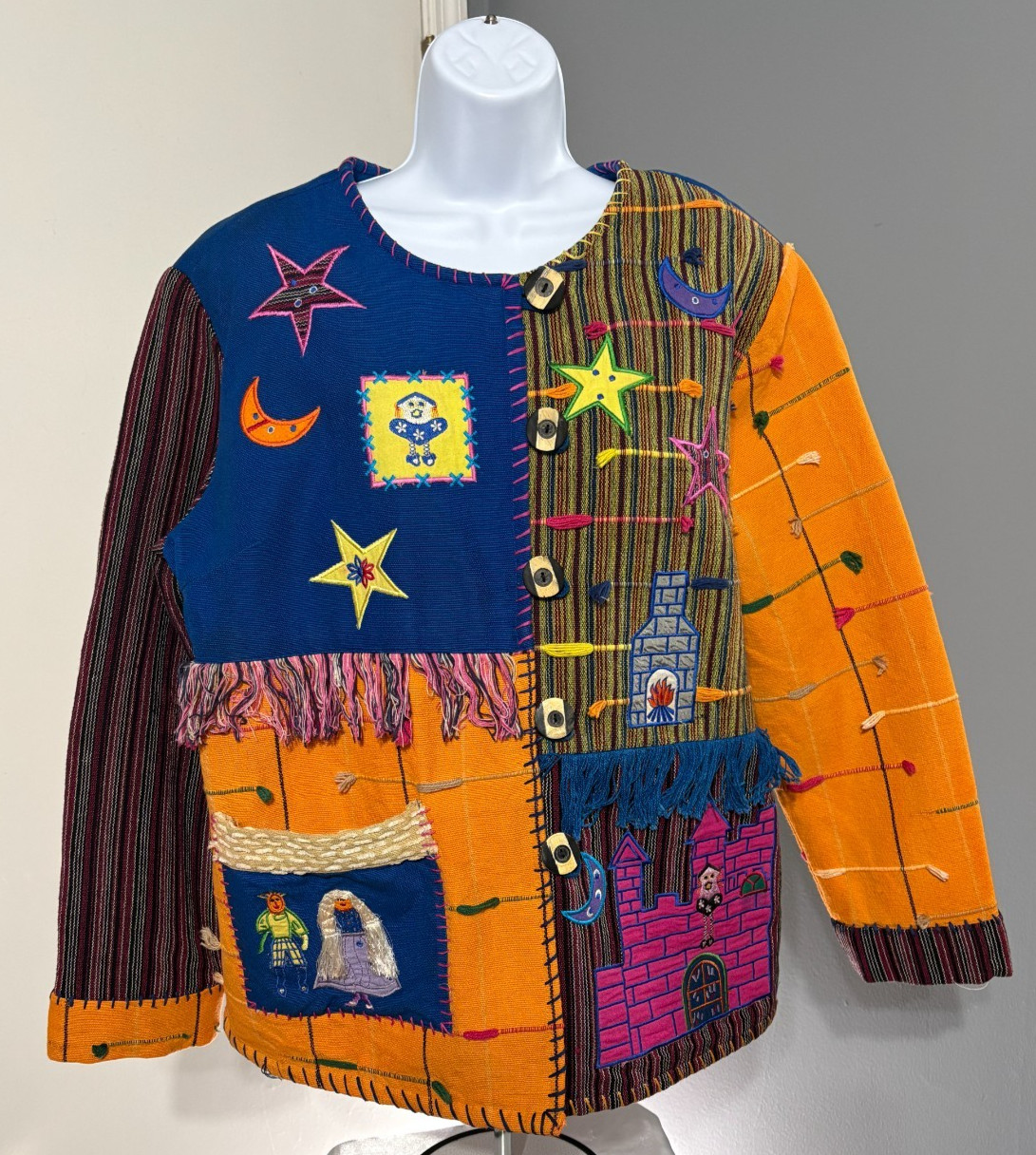 VTG Maggie Barnes Bright Embroider Patchwork Appliqué Art-to-Wear Coat 2X- FLAWS