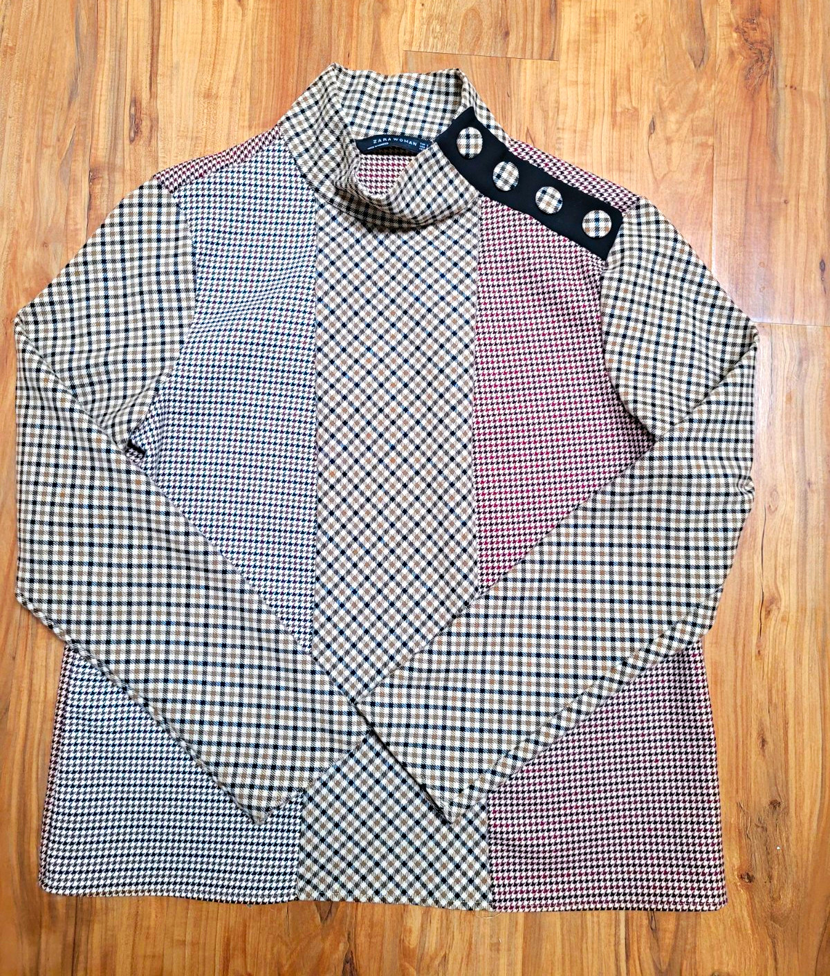 ZARA WOMAN Multicolor Plaid Mock Neck Long Sleeve Top S PERFECT FOR FALL
