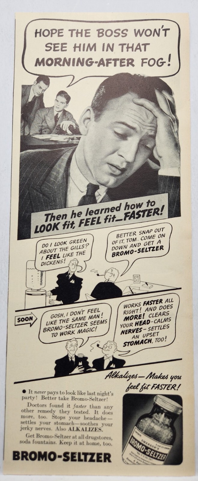 1937 Emerson\'s Bromo - Seltzer Original Print Ad Life Magazine 30\'s