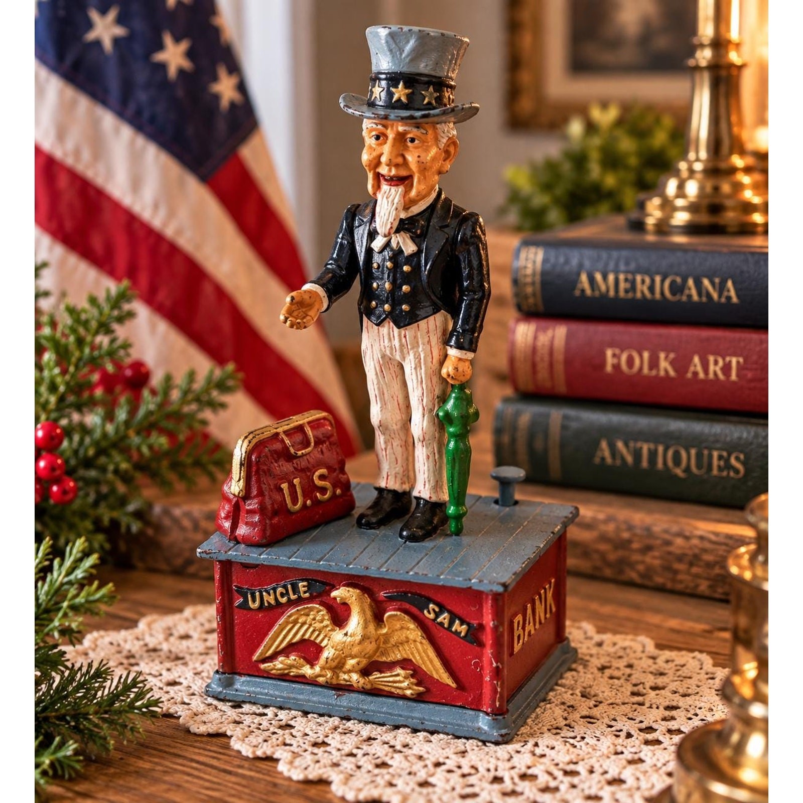 Vintage Working Uncle Sam Mechanical Bank Cast Iron Americana Folk Art Coin Bank