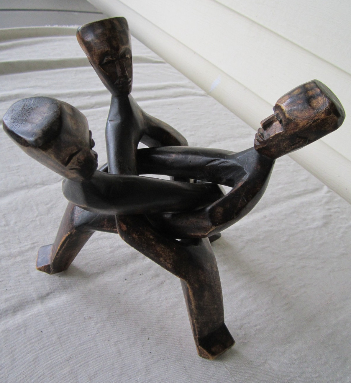 Vintage Wooden Hand Carved 3 Men Interlocking from One Piece of Wood, Folk Art Vintage Wooden Hand Carved 3 Men Interlocking from One Piece of Wood, Folk Art