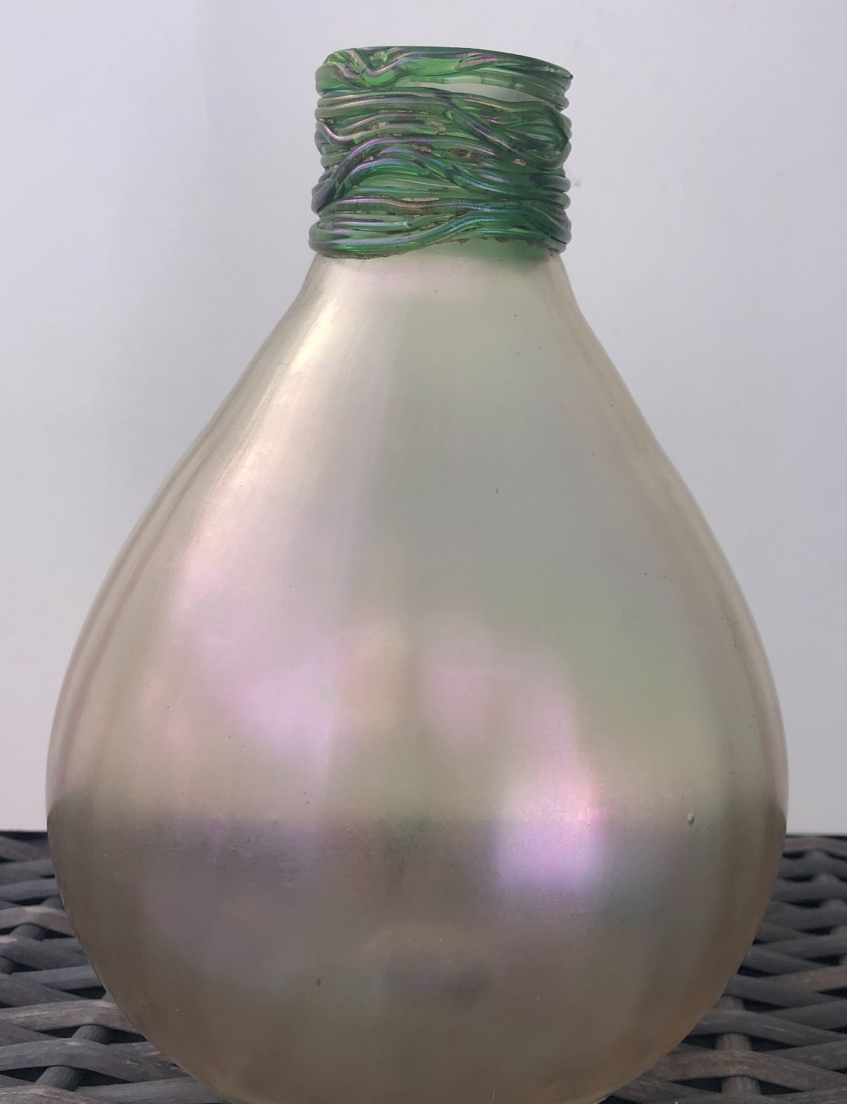 Signed Loetz Iridescent Art Glass Bulb Vase having Emerald Neck, EARLY Creation