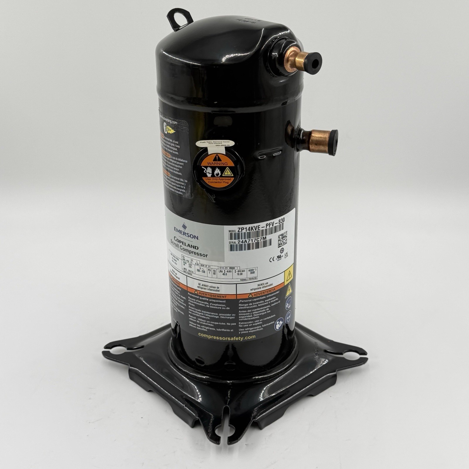 Copeland Compressor ZP14KVE-PFV-830 14,000 Btu R-410a 208/230 V Single Phase New Copeland Compressor ZP14KVE-PFV-830 14,000 Btu R-410a 208/230 V Single Phase New