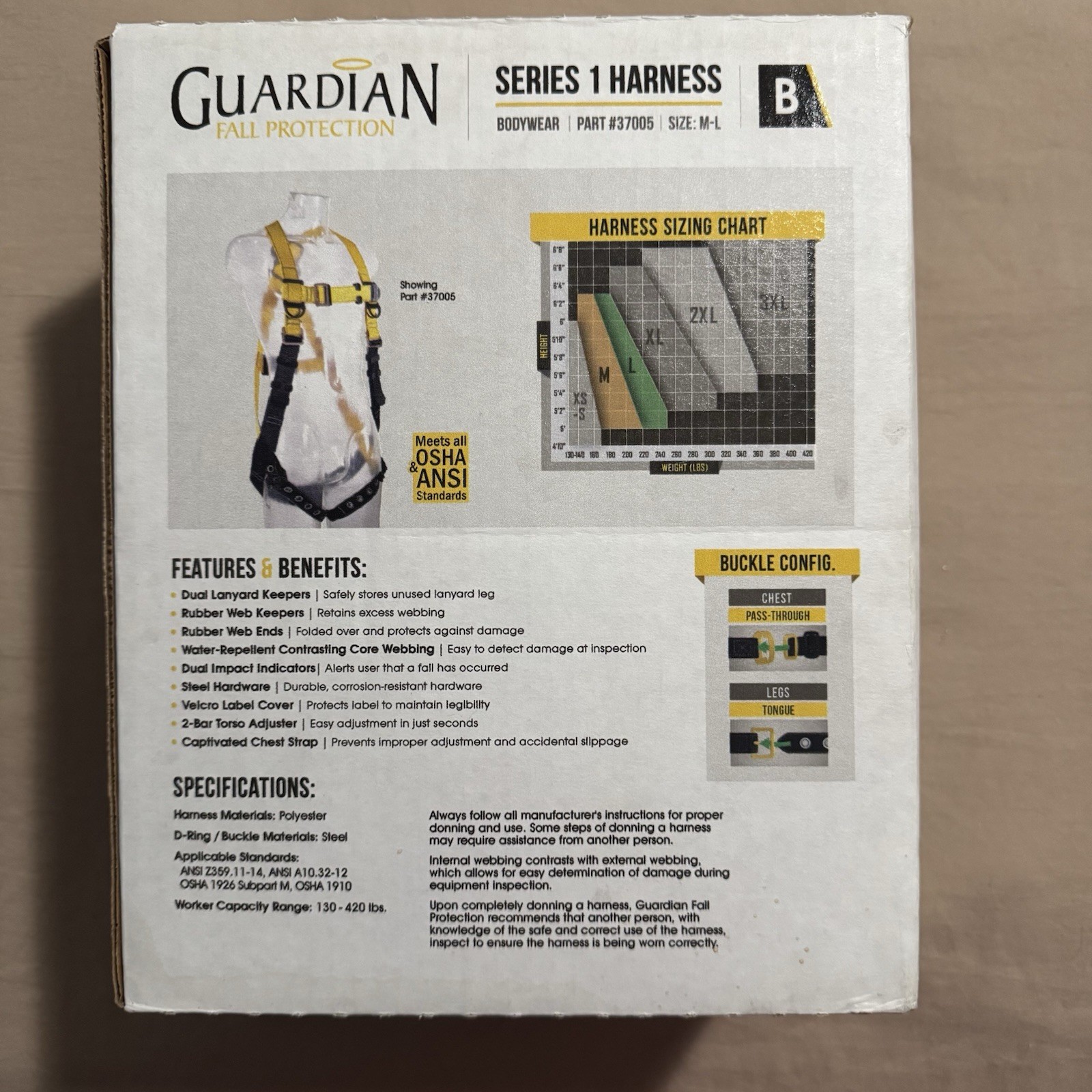 Guardian Fall Protection #37005 Safety Harness Size M-L Guardian Fall Protection #37005 Safety Harness Size M-L