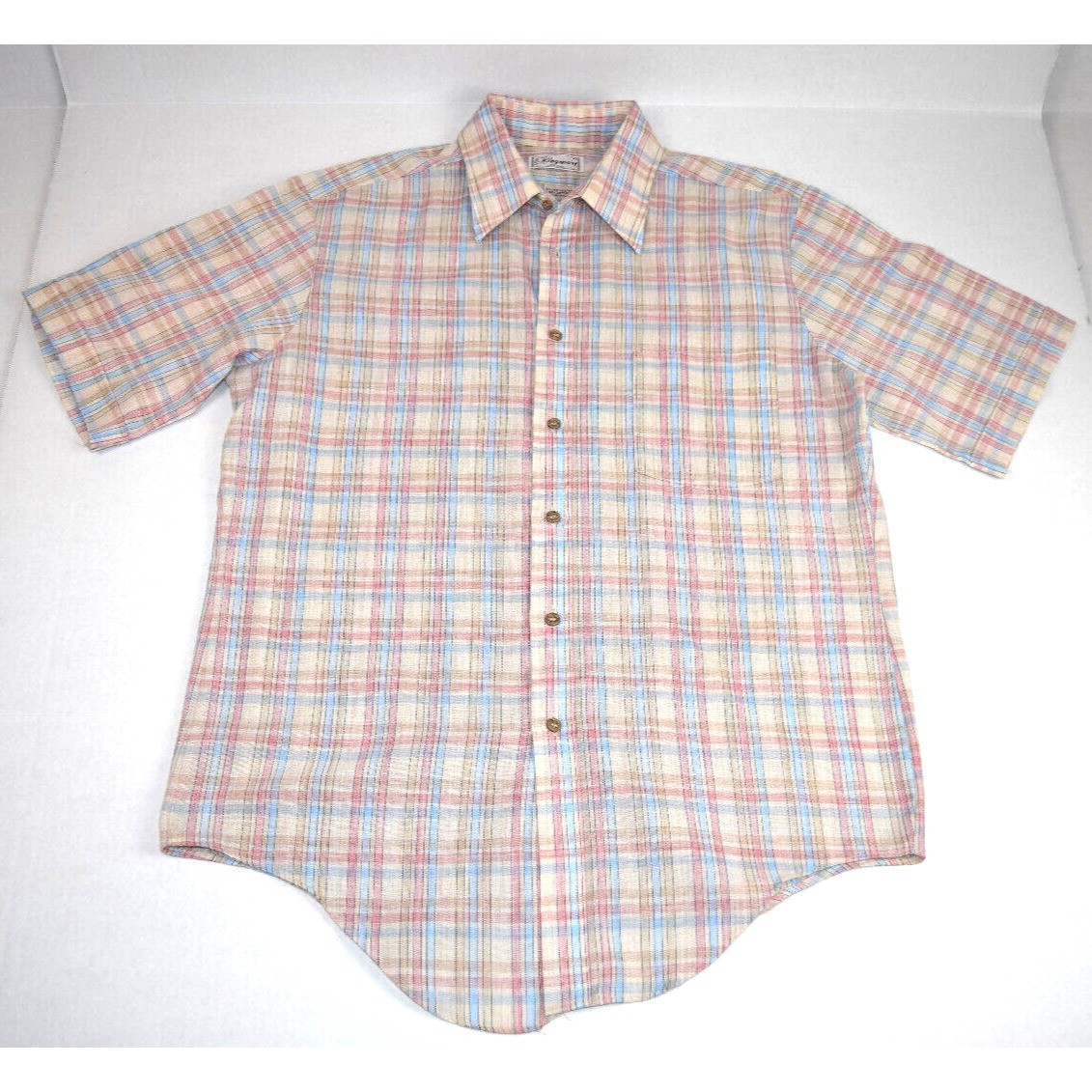 Vintage 70s 80s Plaid Shirt Kingsport Mens M Textured Tan Blue Pink Plaid Grunge