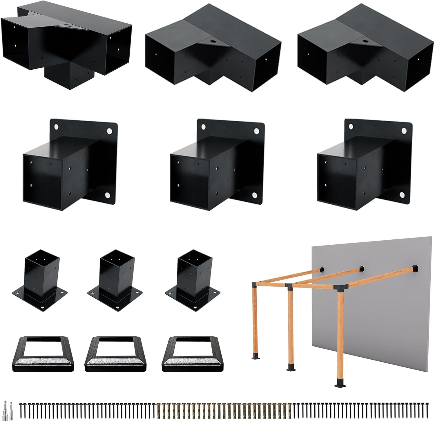 6 PCS Iron Pergola Brackets with 3 Post Bases & Covers | Wall Mounted Pergola Ha 6 PCS Iron Pergola Brackets with 3 Post Bases & Covers | Wall Mounted Pergola Ha