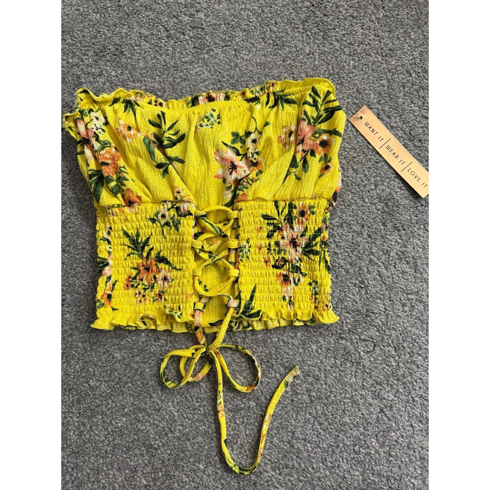 Almost Famous Yellow Floral Smocked Lace Up Tube Crop Top Size Small NEW