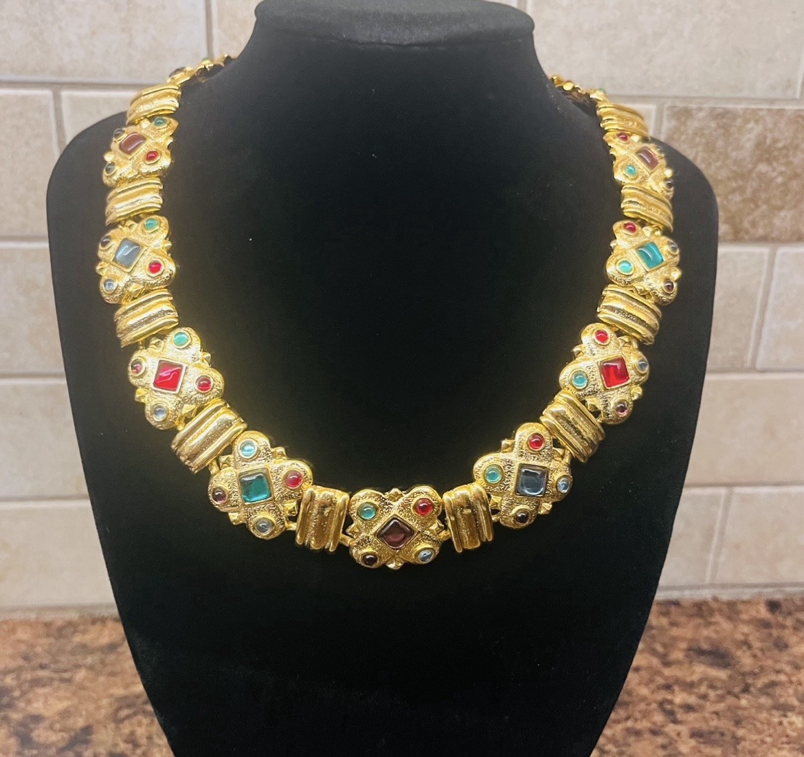Vintage Rare 1980’s Byzantine Moghul Style Poured Glass Statement Necklace 130g Vintage Rare 1980’s Byzantine Moghul Style Poured Glass Statement Necklace 130g