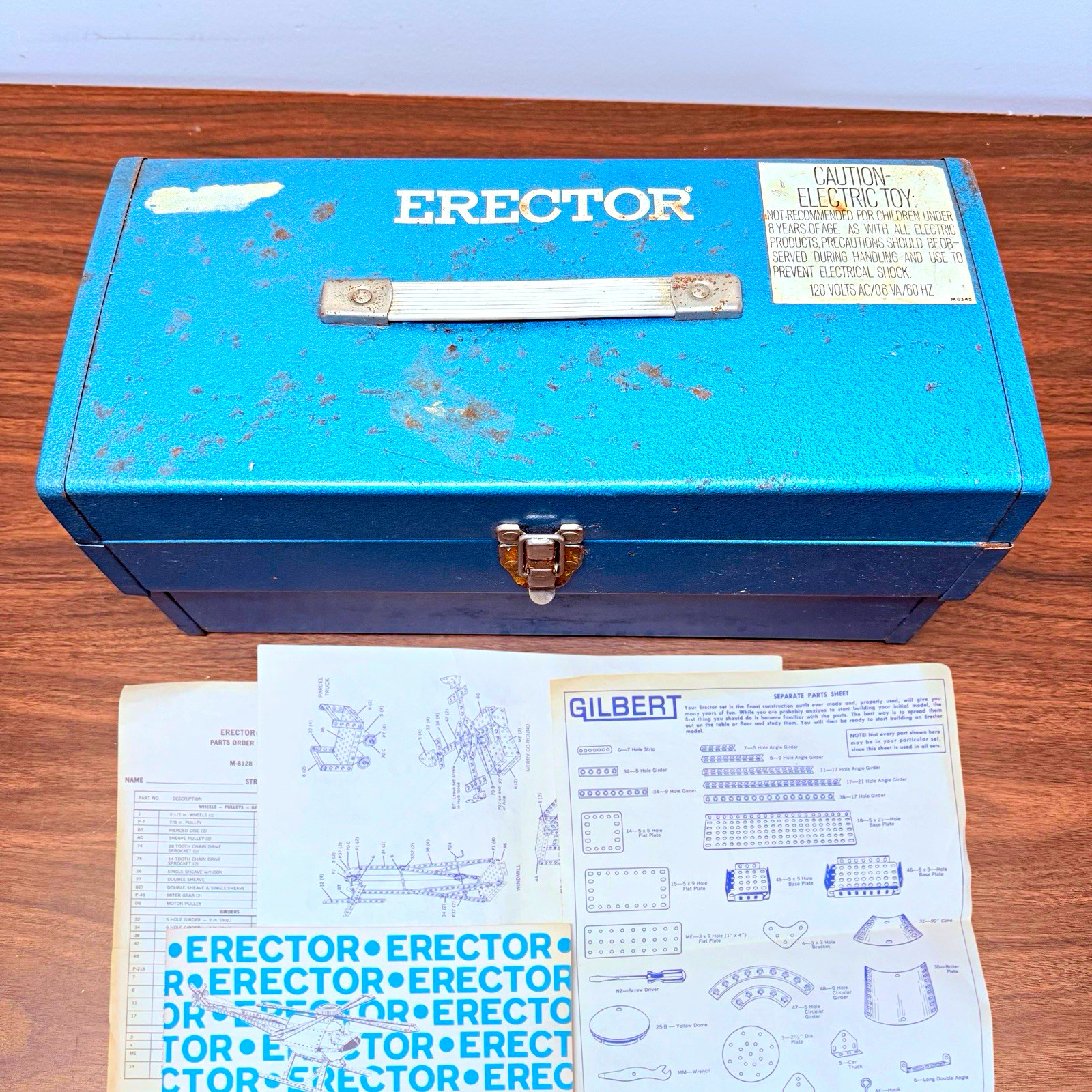 Vintage Gilbert Erector Set Blue Metal Case Electric Motor Transformer Manuals