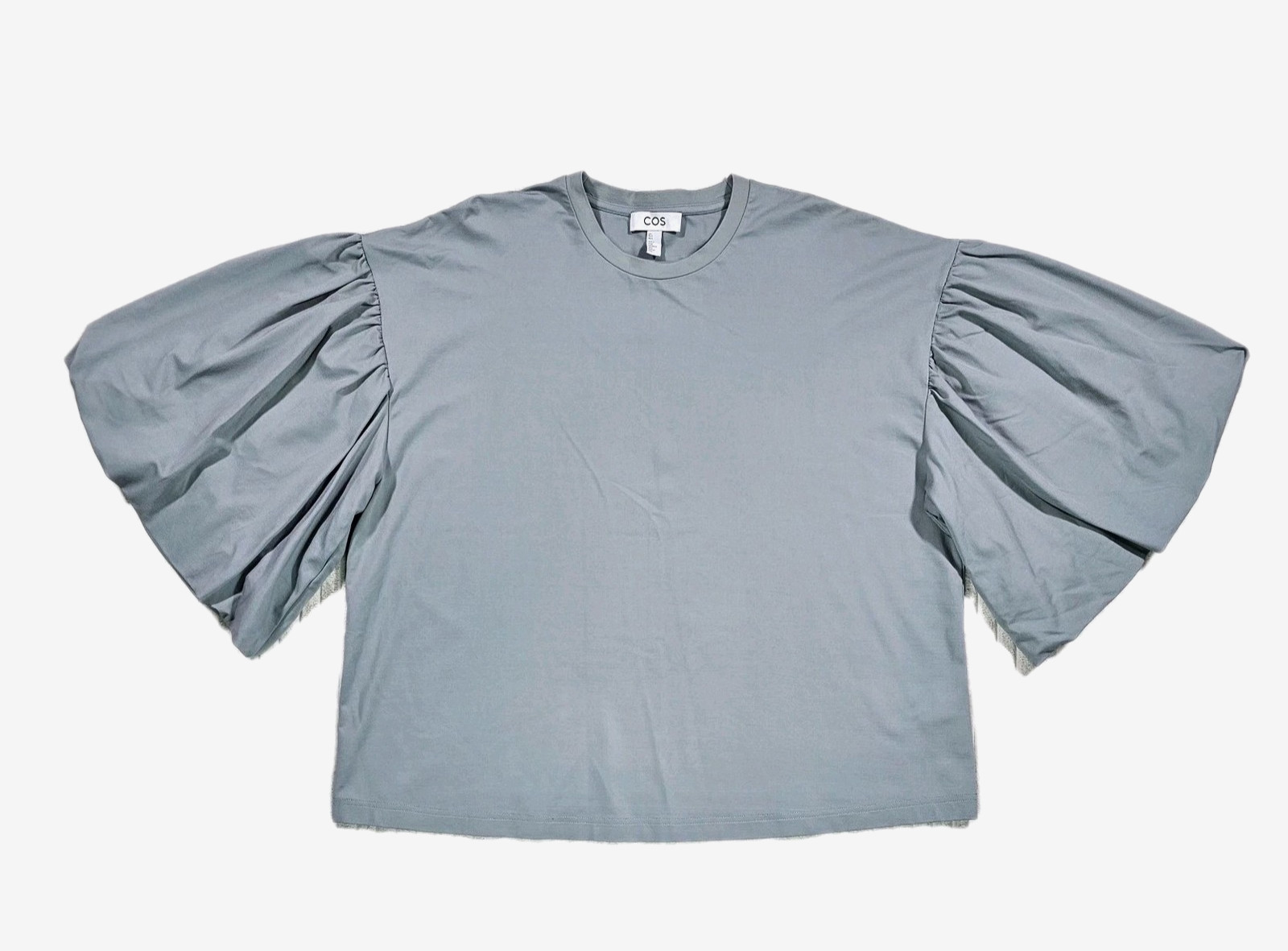 COS Blouse Women\'s size LARGE Gray Voluminous Puff Sleeve Minimalist Boxy