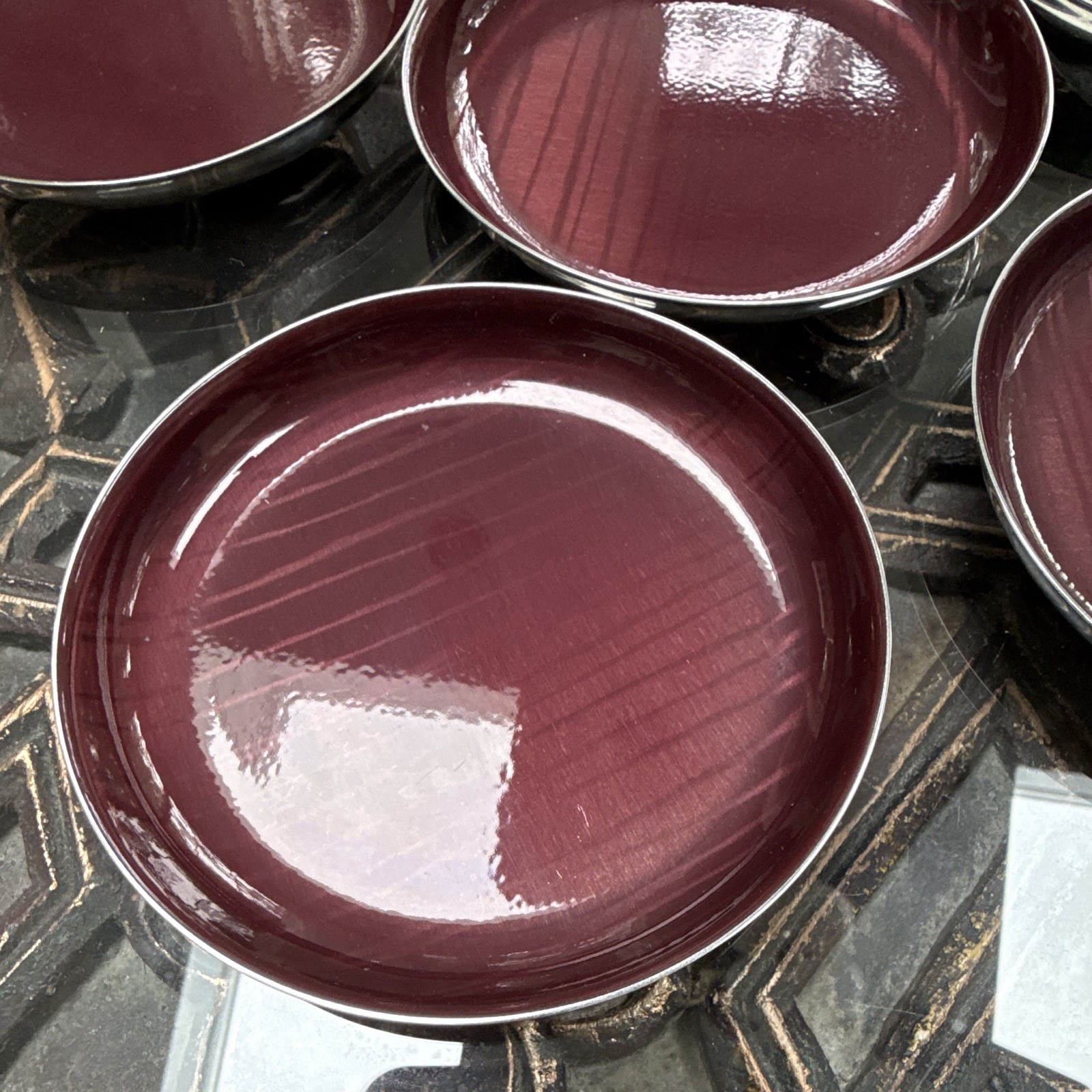 Vintage Cathrineholm Norway Set of 6 Burgundy Enamel Coasters, 4 7/8”