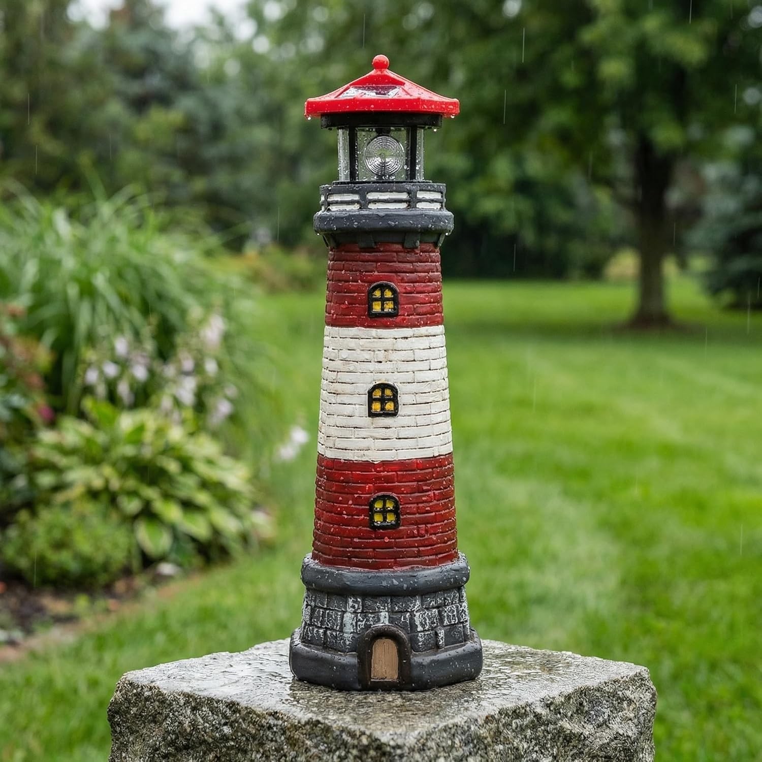 Solar Lighthouse Outdoor Statues Waterproof Resin Tower with Rotating B...