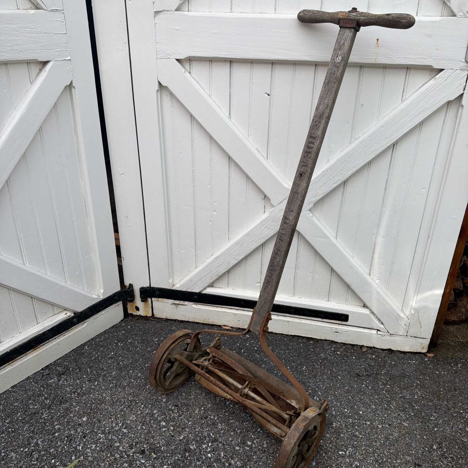 Antique Neptune Vintage Reel Push Lawn Mower Wooden Cast Iron 