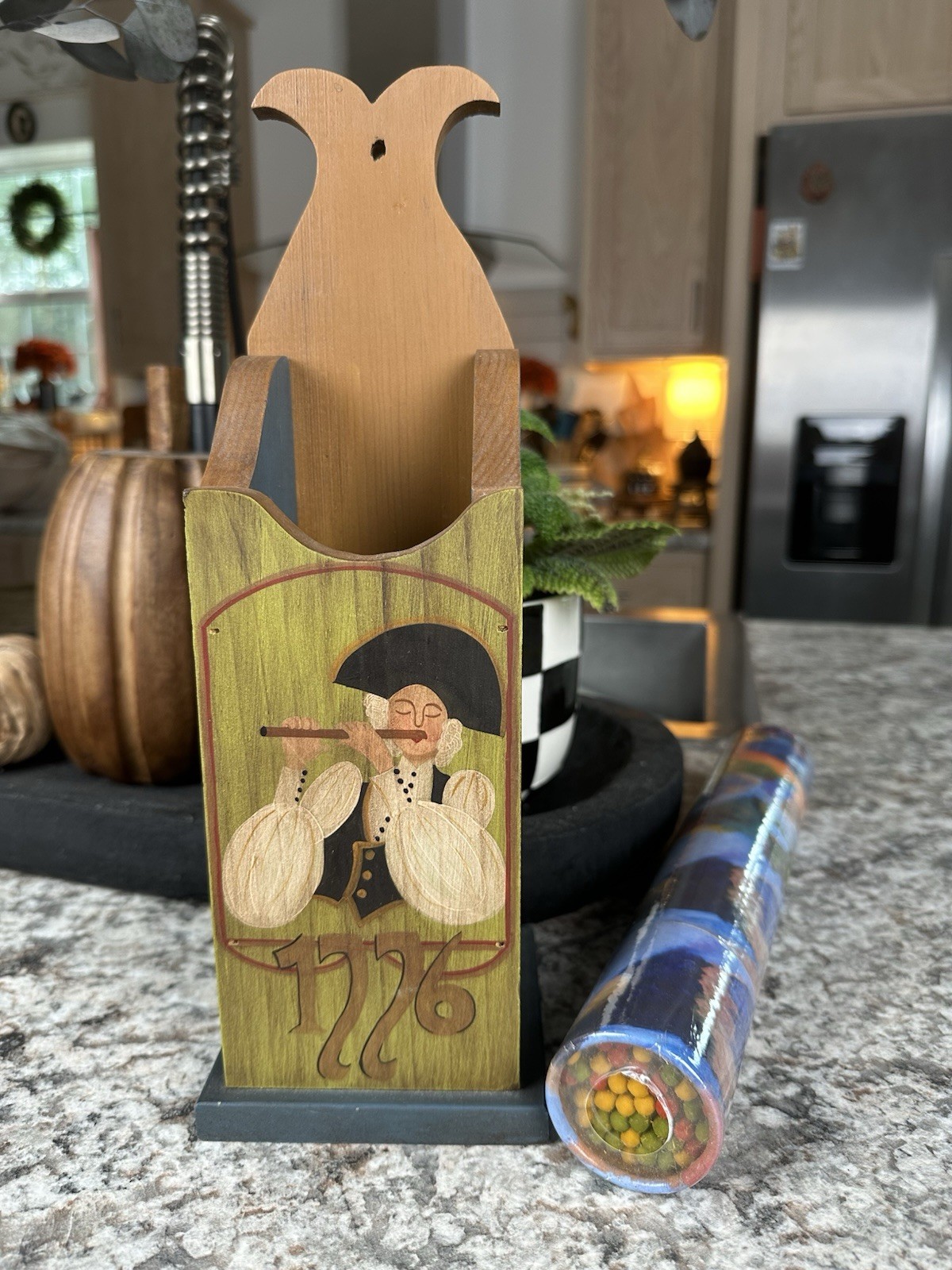 Vintage Colonial Wooden Wall Pocket Hand Painted Folk Art Mail Holder Americana