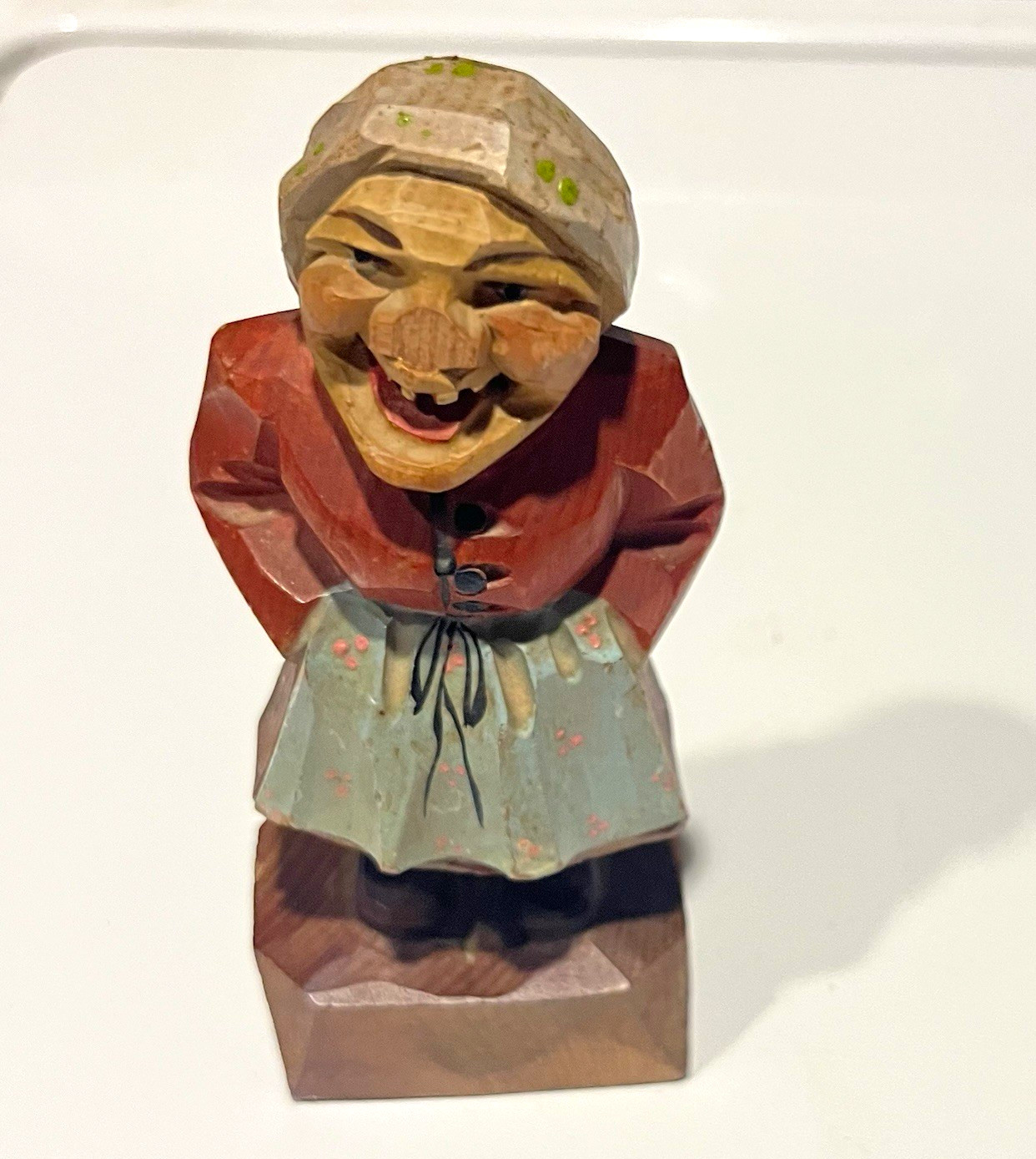 Hand-Carved Hand Painted Wood Woman Figurine, Painted Finish Damaged